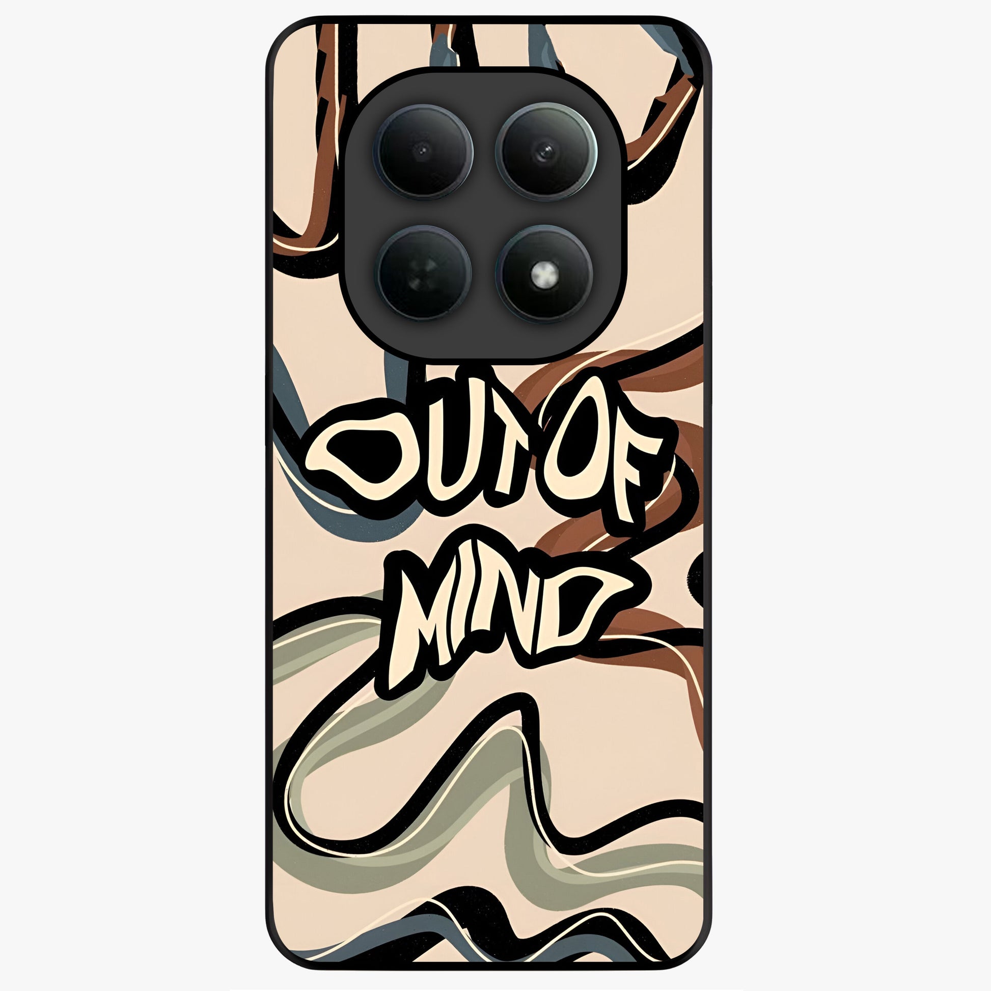 Out Of Mind Glass Case showing flat back view with expressive typography artwork and glossy glass finish.