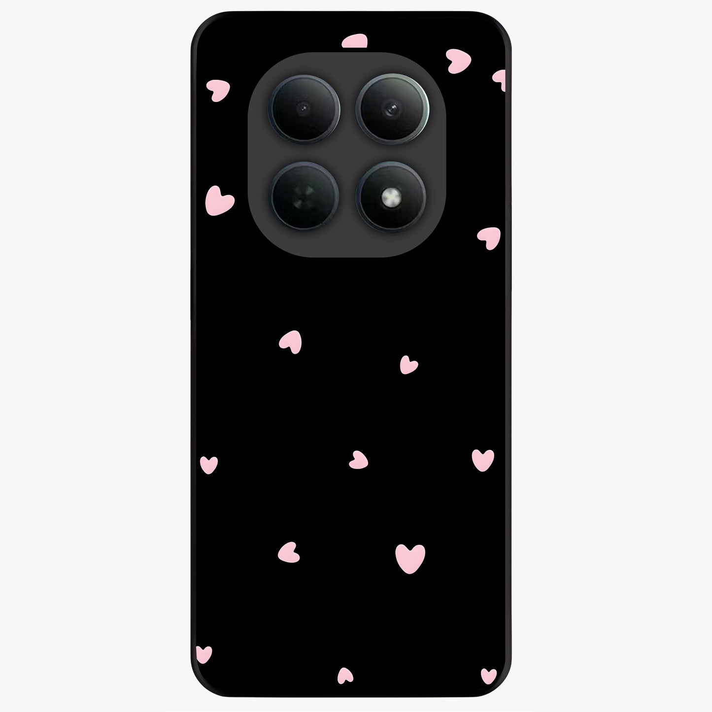 Pink Love Drops Glass Case showing flat back view with playful pink heart drops artwork and glossy glass finish.