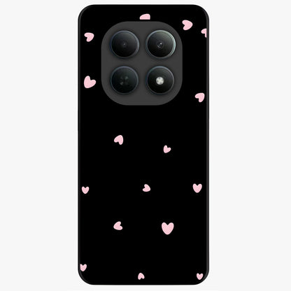 Pink Love Drops Glass Case showing flat back view with playful pink heart drops artwork and glossy glass finish.
