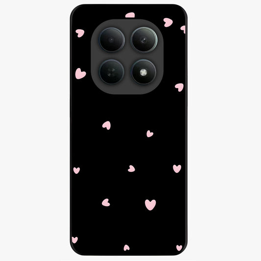 Pink Love Drops Glass Case showing flat back view with playful pink heart drops artwork and glossy glass finish.