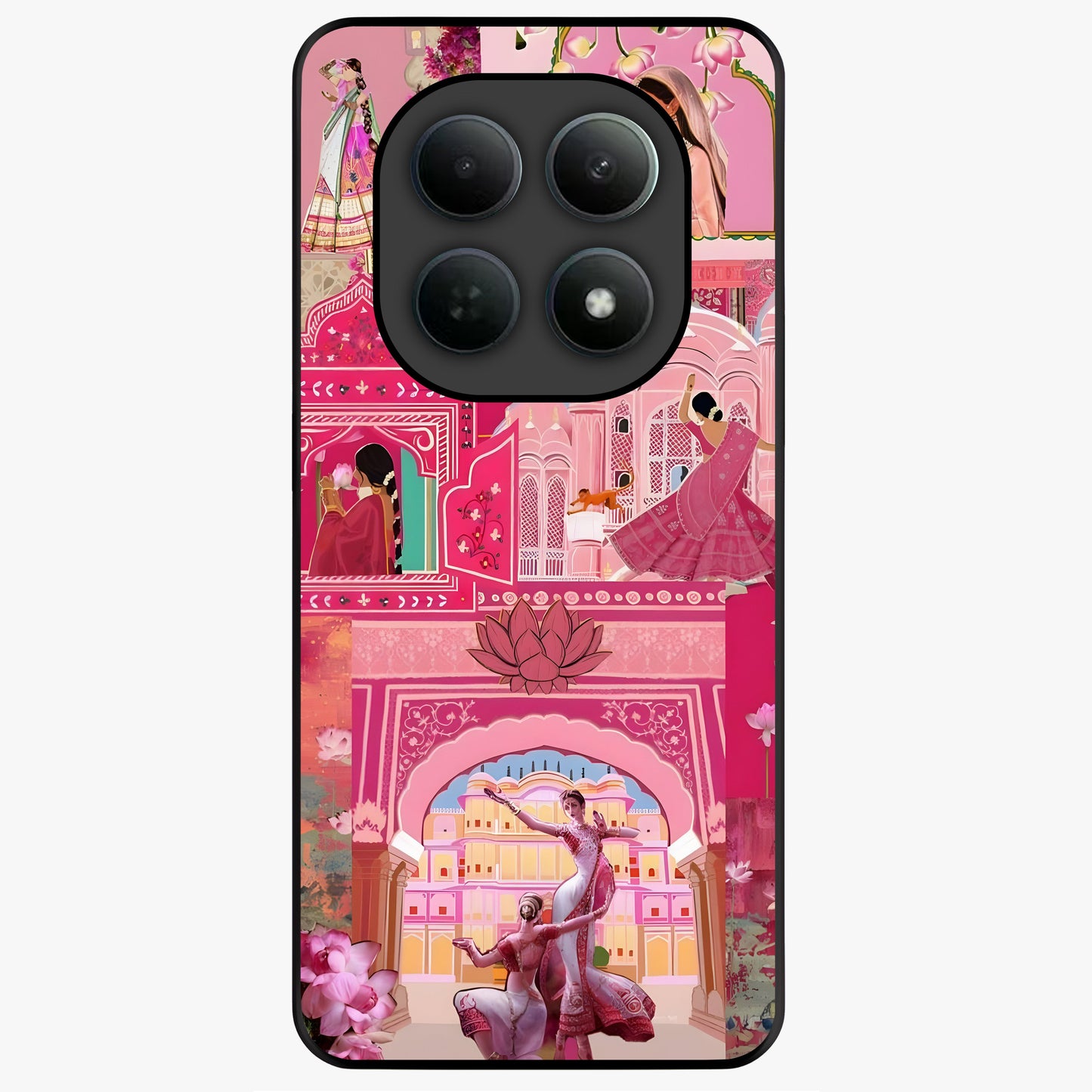 Pink Palace Muse Glass Case showing flat back view with elegant palace inspired artwork and glossy glass finish.