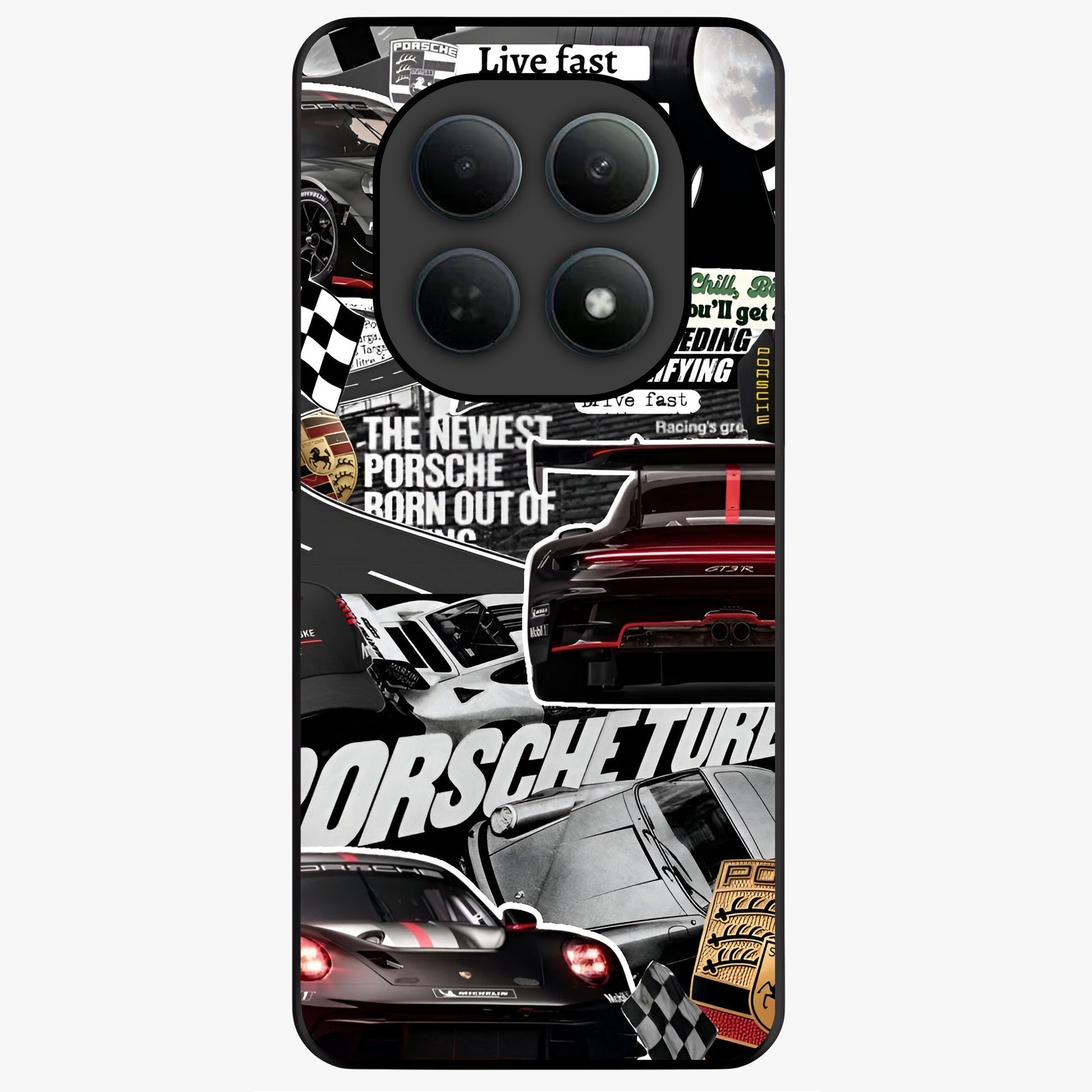 Porsche Racing Collage Glass Case showing flat back view with sports car racing collage artwork and glossy glass finish.