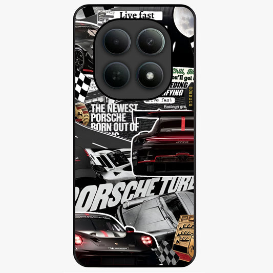 Porsche Racing Collage Glass Case showing flat back view with sports car racing collage artwork and glossy glass finish.