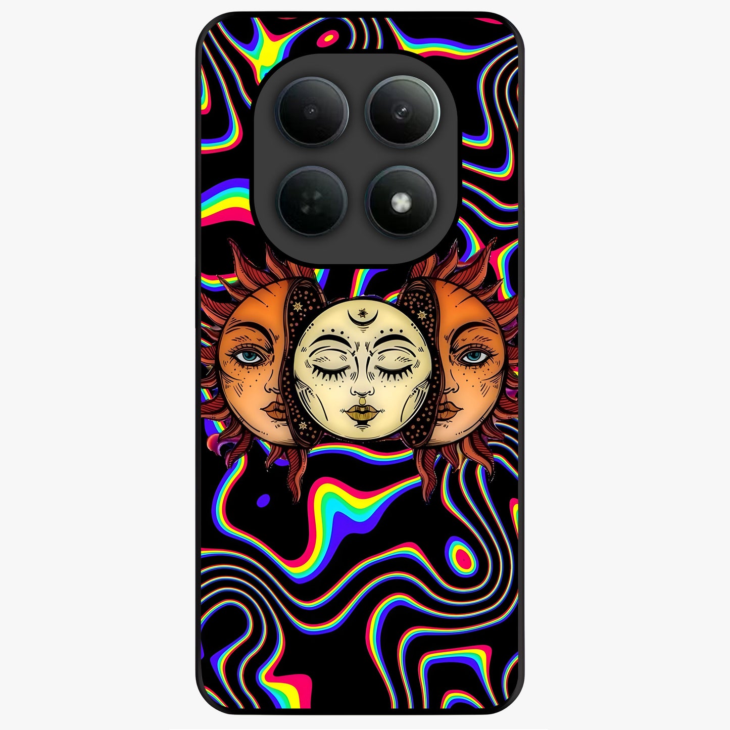 Psychedelic Sun Glass Case showing flat back view with colorful psychedelic sun artwork and glossy glass finish.