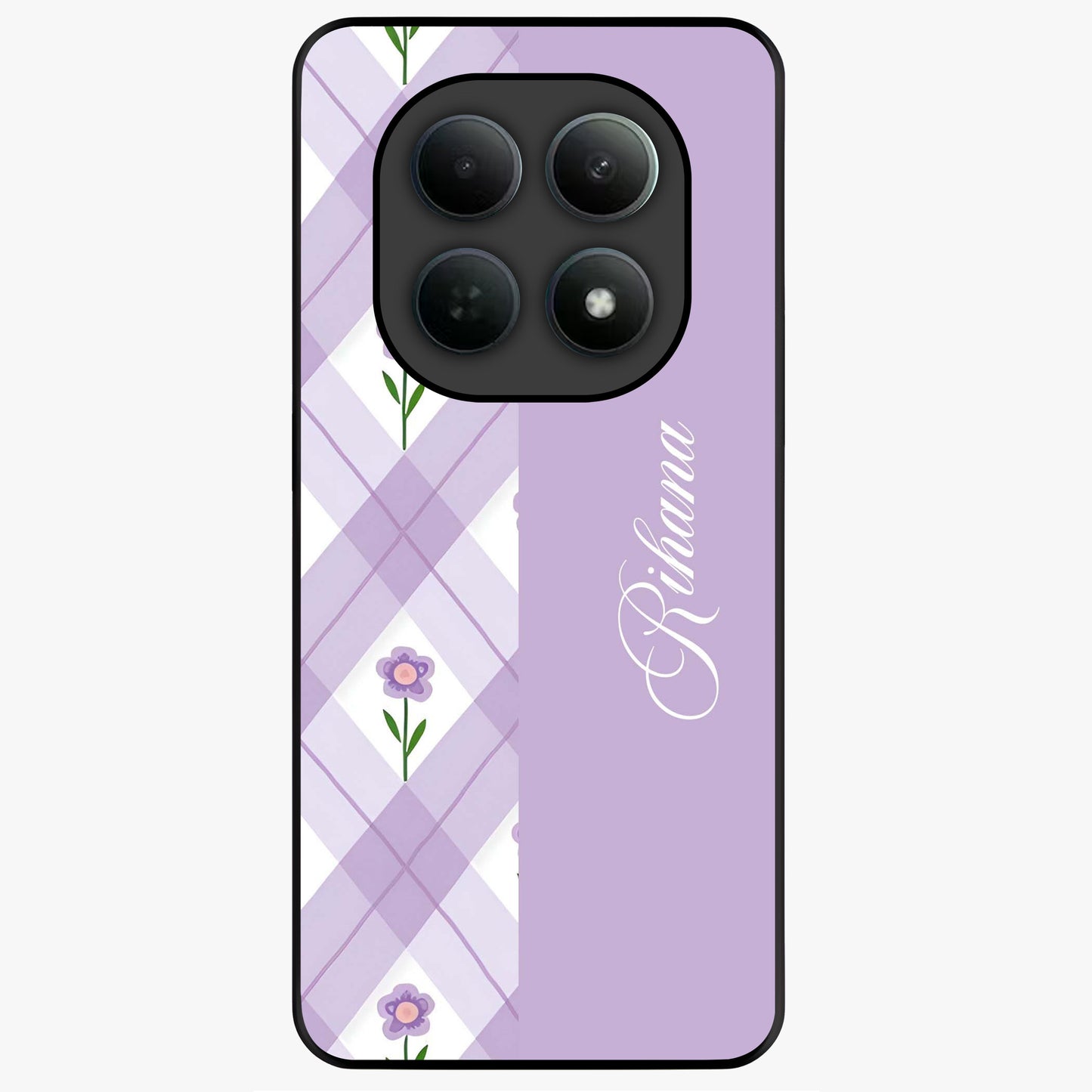 Purple Diamond Floral Glass Case showing flat back view with diamond shaped floral artwork and glossy glass finish.