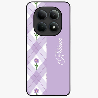 Purple Diamond Floral Glass Case showing flat back view with diamond shaped floral artwork and glossy glass finish.