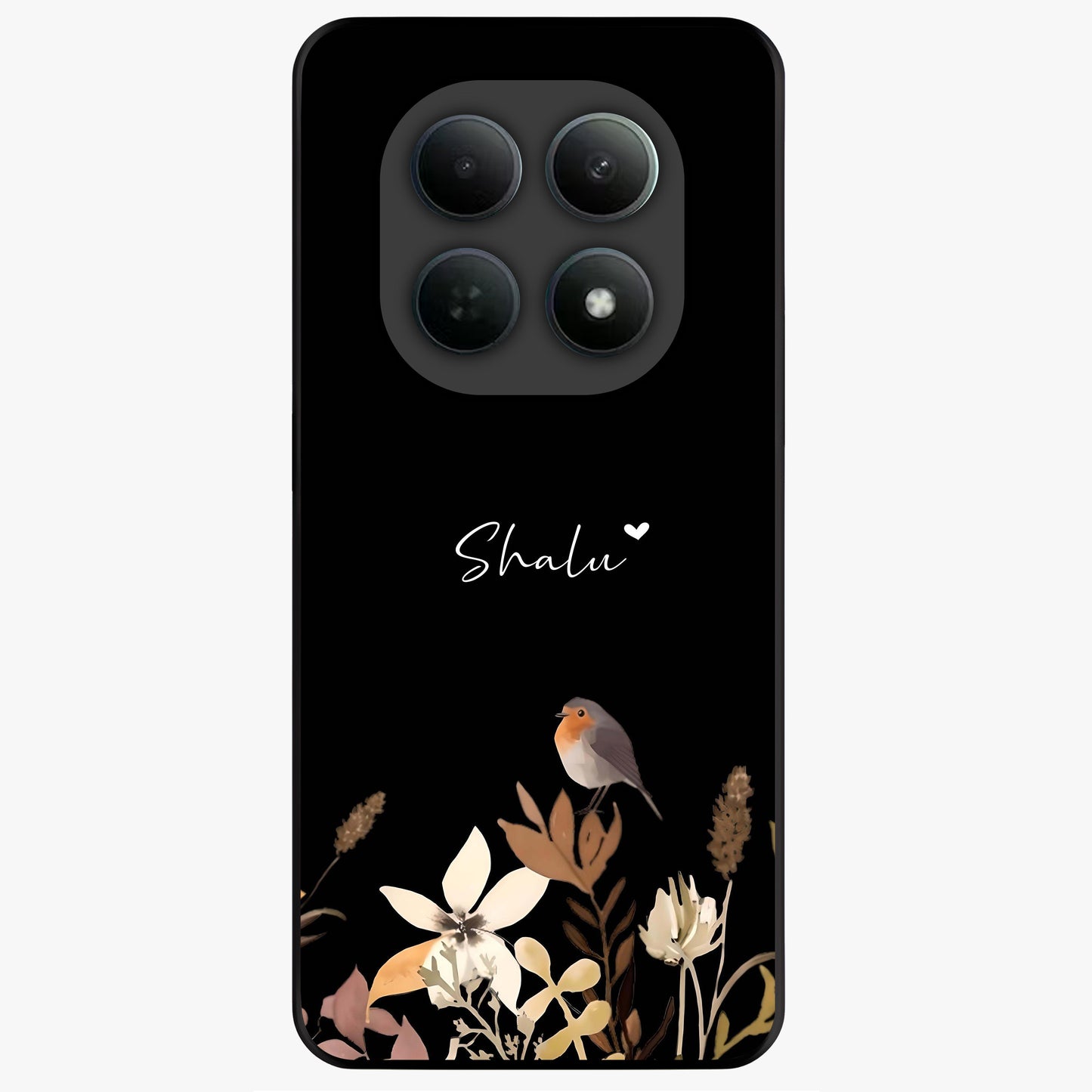 Quiet Garden Tune Custom Name Glass Case showing flat back view with peaceful garden artwork and personalized name design.