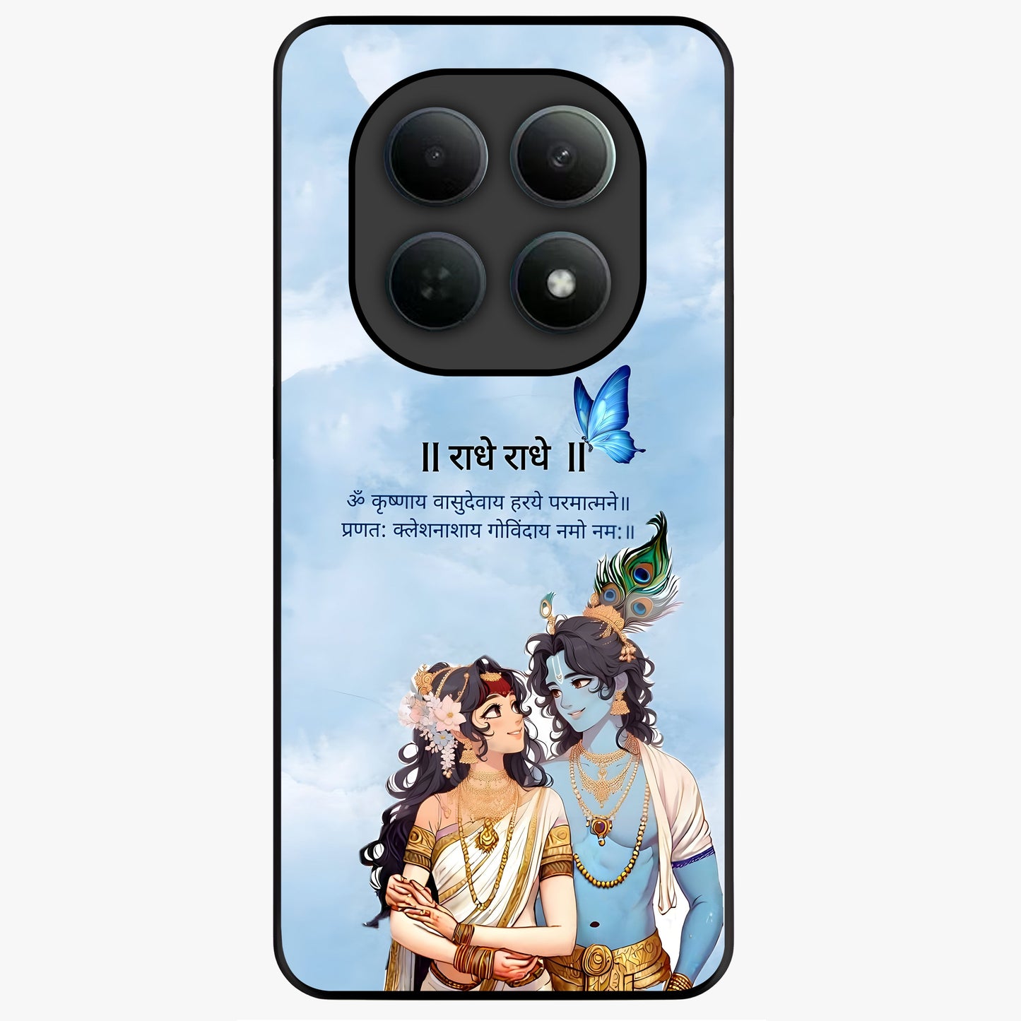Radha Krishna Eternal Glass Case showing flat back view with Radha Krishna devotional artwork and glossy glass finish.