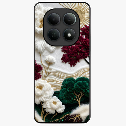 Radiant Bloom Elegance Glass Case showing flat back view with elegant blooming flower artwork and glossy glass finish.