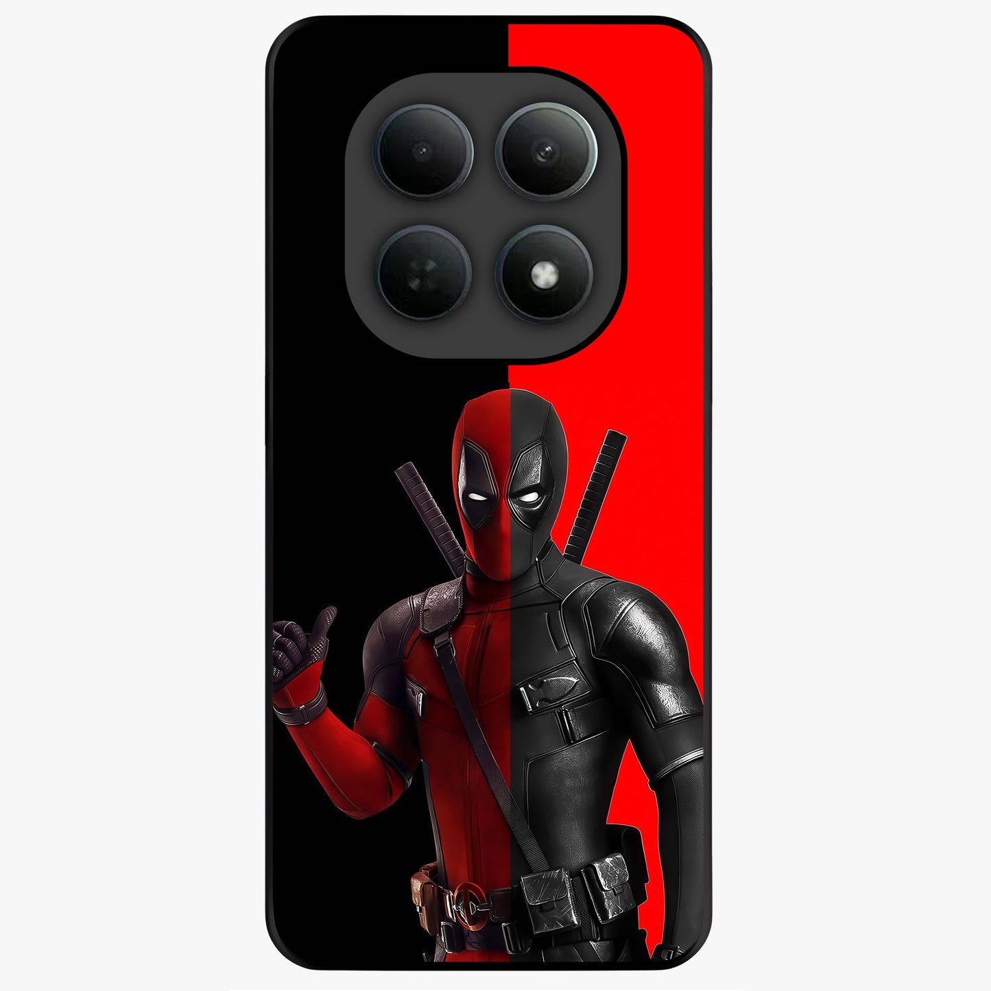 Red & Black Deadpool Theme Glass Case showing flat back view with bold comic inspired artwork and glossy glass finish.