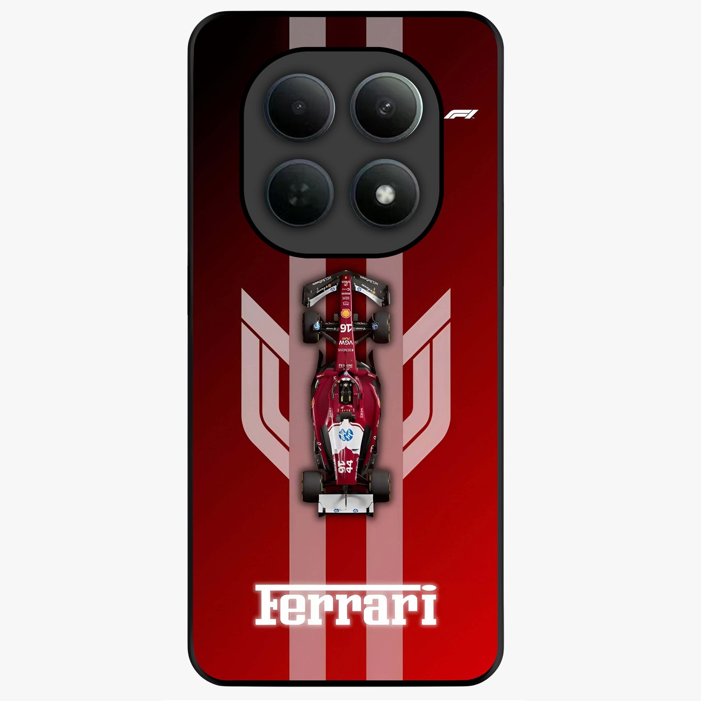 Red Ferrari F1 Vertical Glass Case showing flat back view with sleek Formula racing car artwork and glossy glass finish.