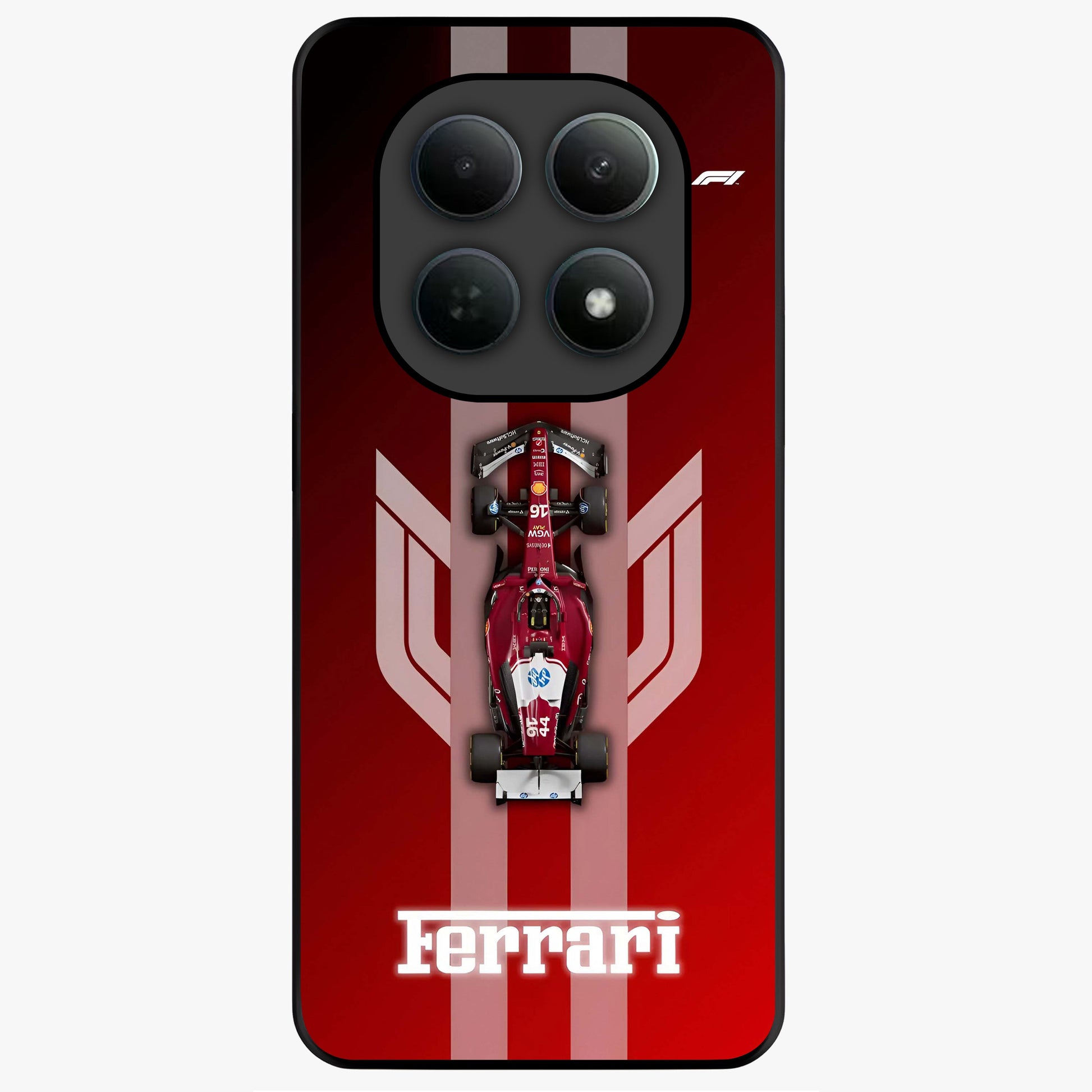 Red Ferrari F1 Vertical Glass Case showing flat back view with sleek Formula racing car artwork and glossy glass finish.