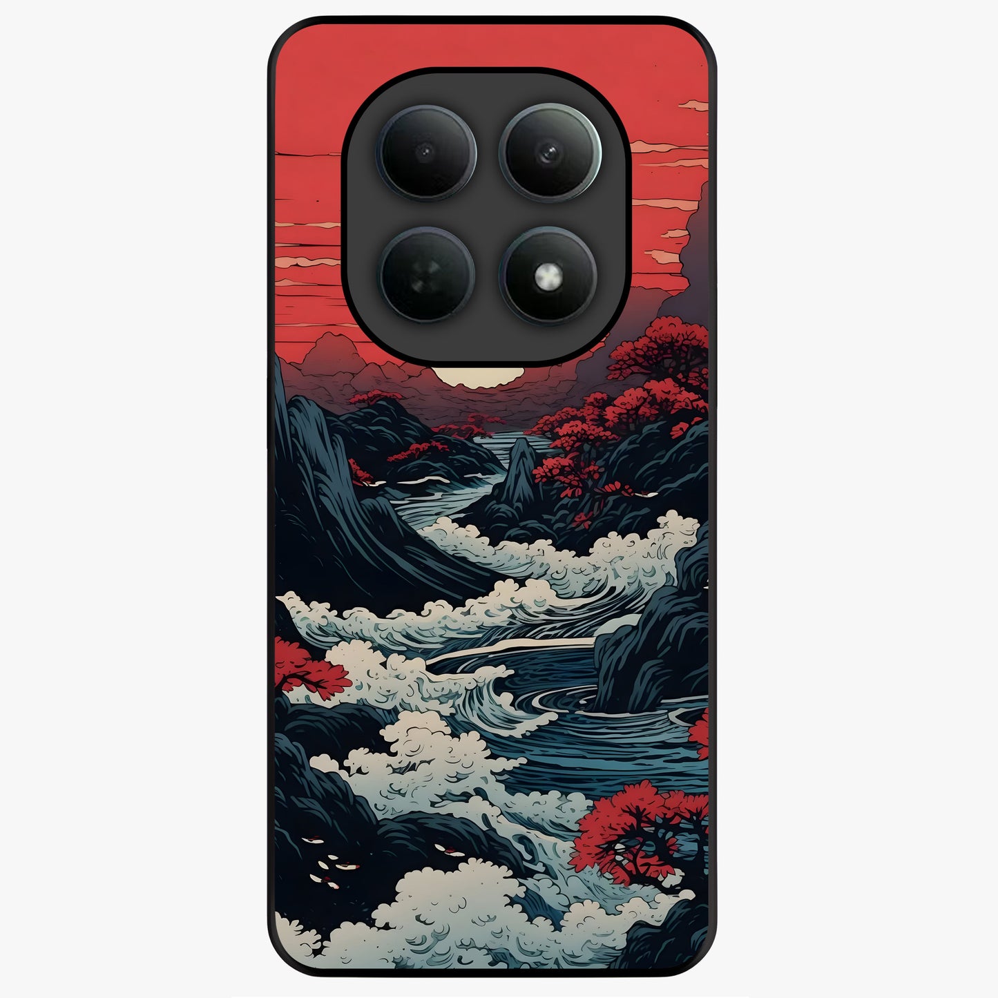 Red Sunset Scenery Glass Case showing flat back view with vibrant sunset landscape artwork and glossy glass finish.