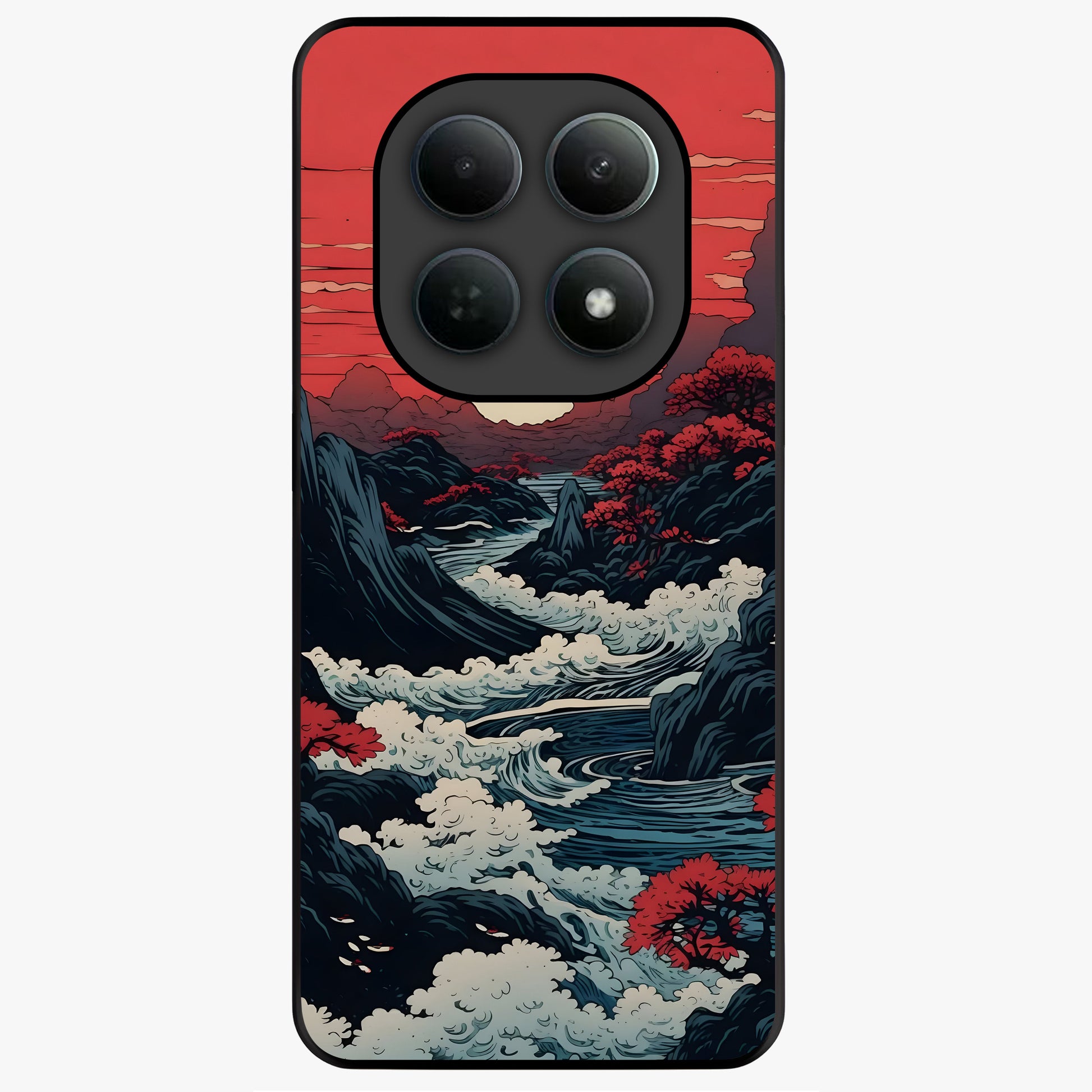 Red Sunset Scenery Glass Case showing flat back view with vibrant sunset landscape artwork and glossy glass finish.