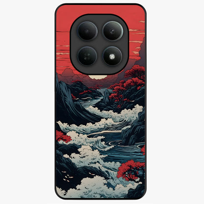 Red Sunset Scenery Glass Case showing flat back view with vibrant sunset landscape artwork and glossy glass finish.