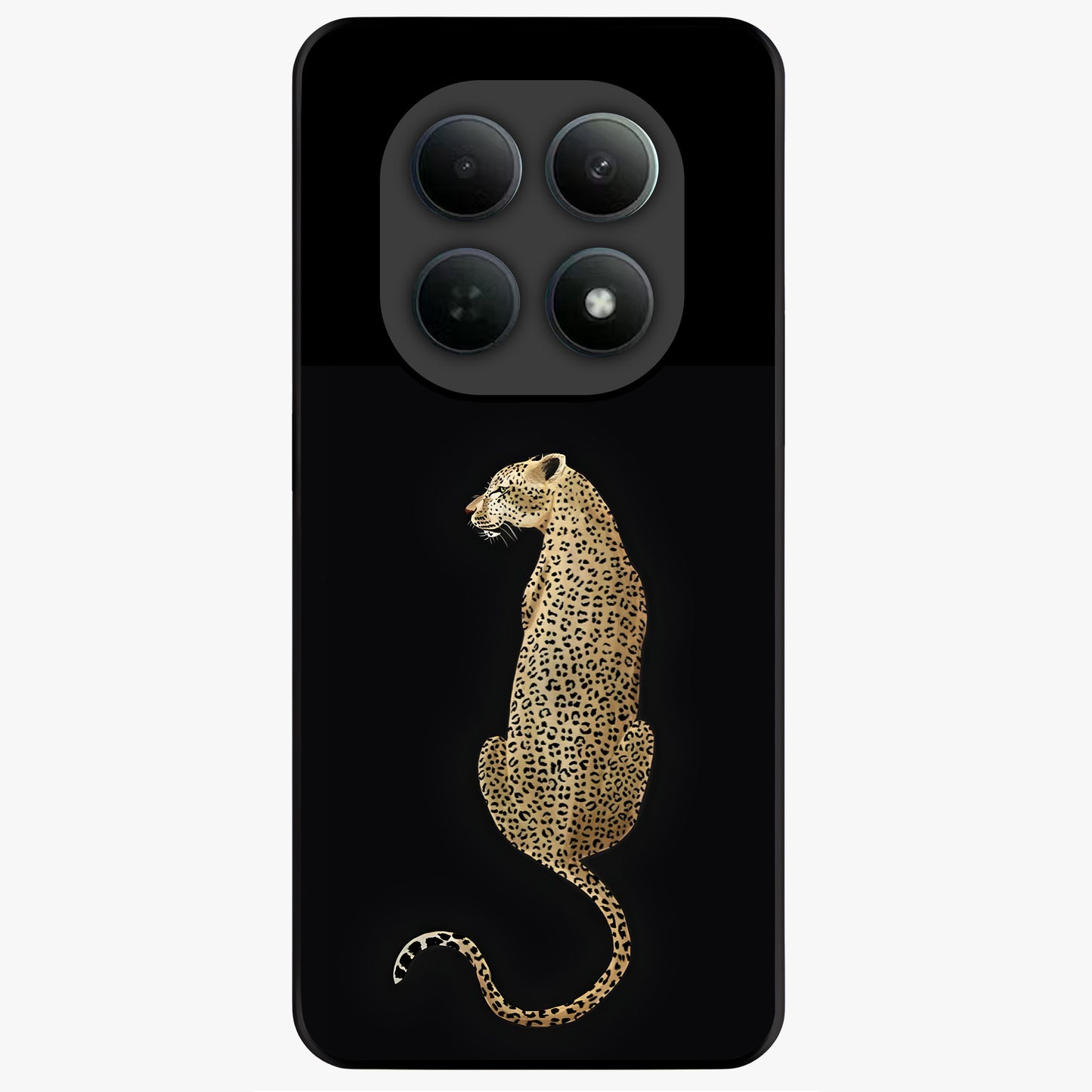 Regal Leopard Glass Case showing flat back view with bold leopard artwork and glossy glass finish.