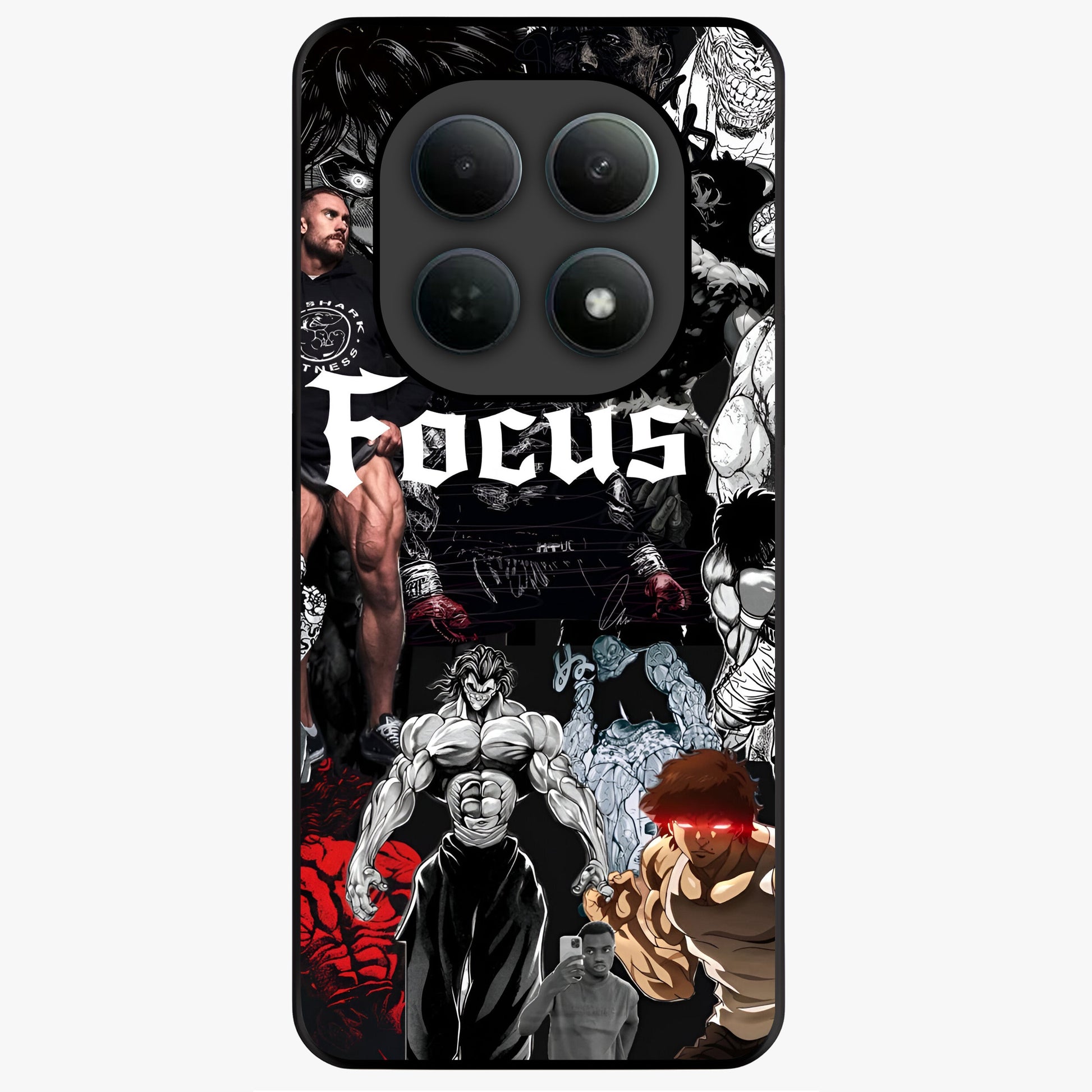 Relentless Power Focus Glass Case showing flat back view with motivational typography artwork and glossy glass finish.