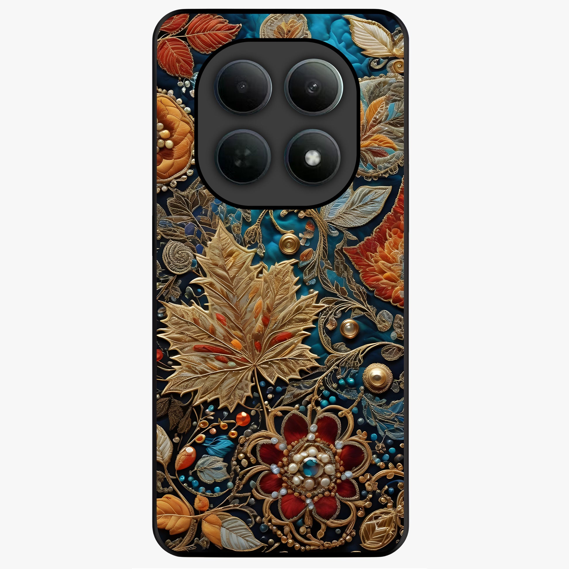 Royal Jewel Garden Glass Case showing flat back view with decorative floral garden artwork and glossy glass finish.