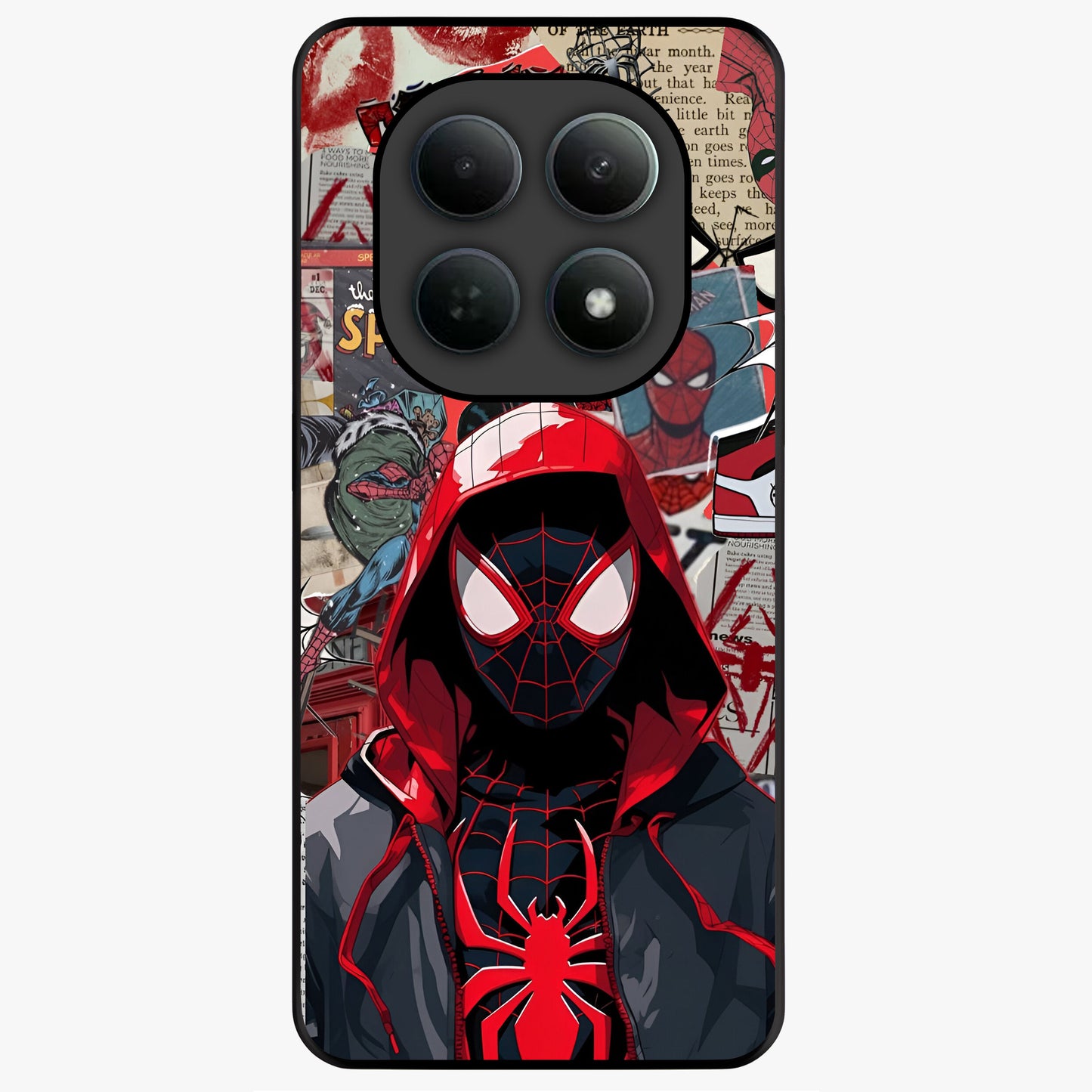 Spider Collage Street Glass Case showing flat back view with vibrant superhero collage artwork and glossy glass finish.