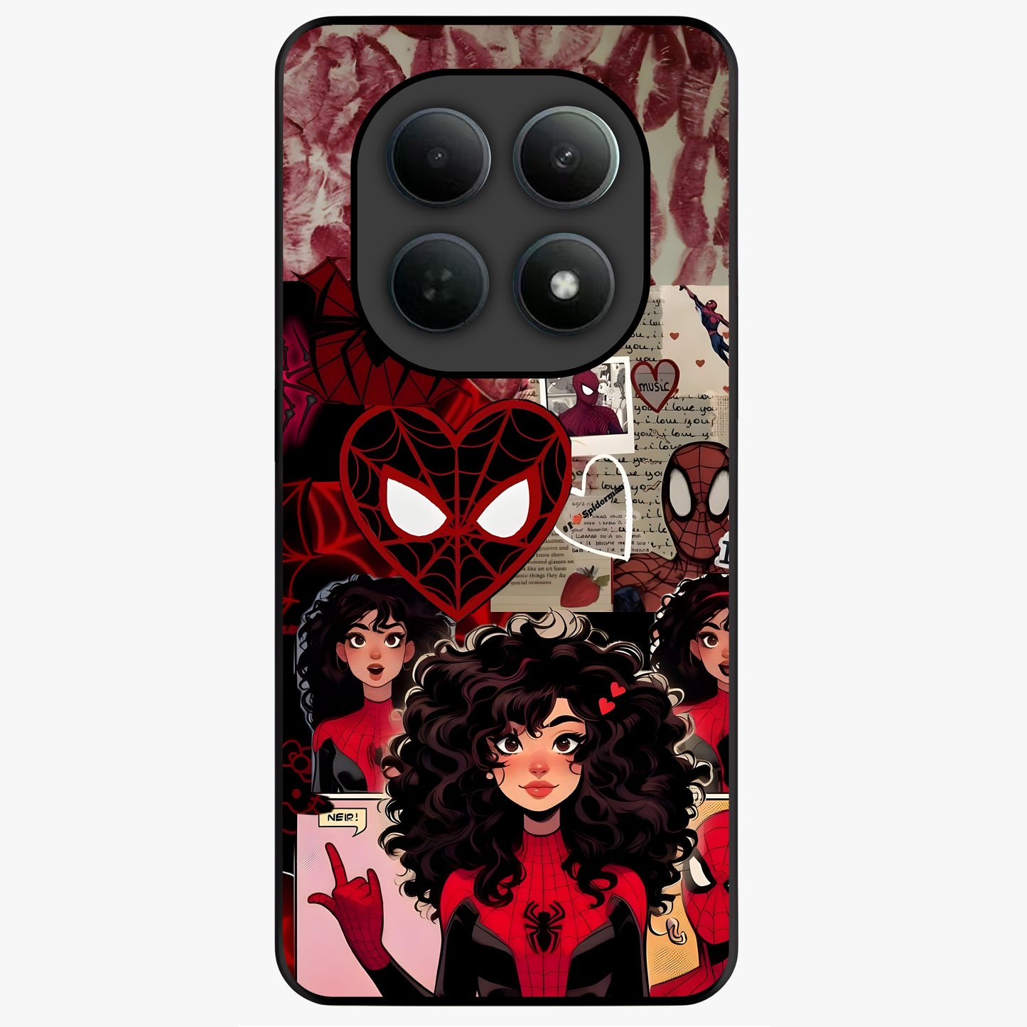 Spider Love Story Glass Case showing flat back view with romantic superhero themed artwork and glossy glass finish.