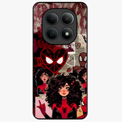 Spider Love Story Glass Case showing flat back view with romantic superhero themed artwork and glossy glass finish.