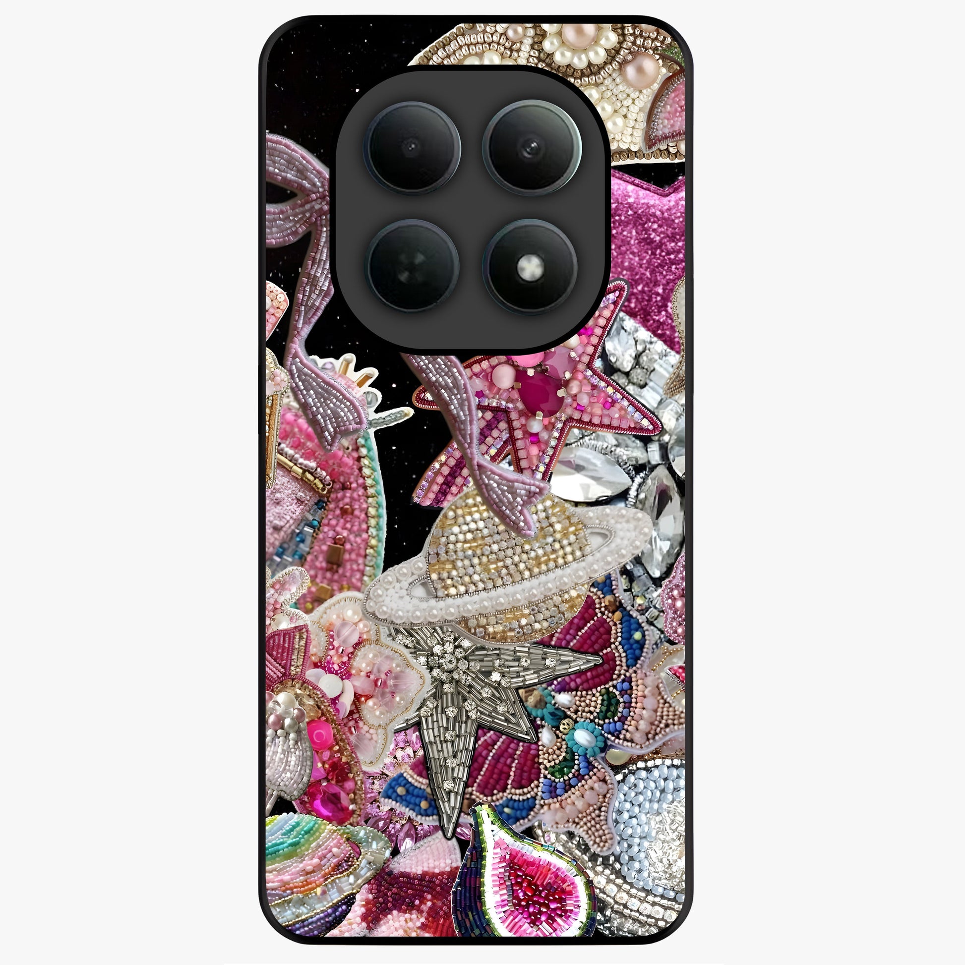 Starlit Jewel Dream Glass Case showing flat back view with sparkling jewel and star themed artwork and glossy glass finish.