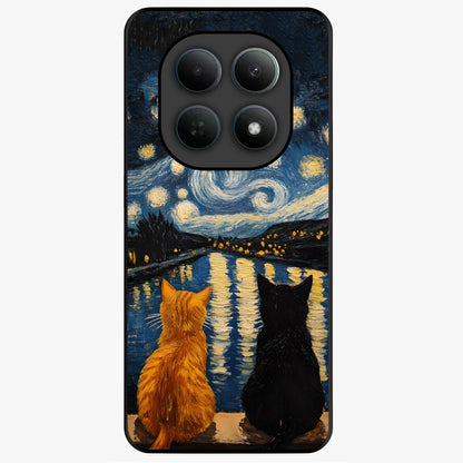 Starry River Cats Glass Case showing flat back view with cats by a starry river artwork and glossy glass finish.