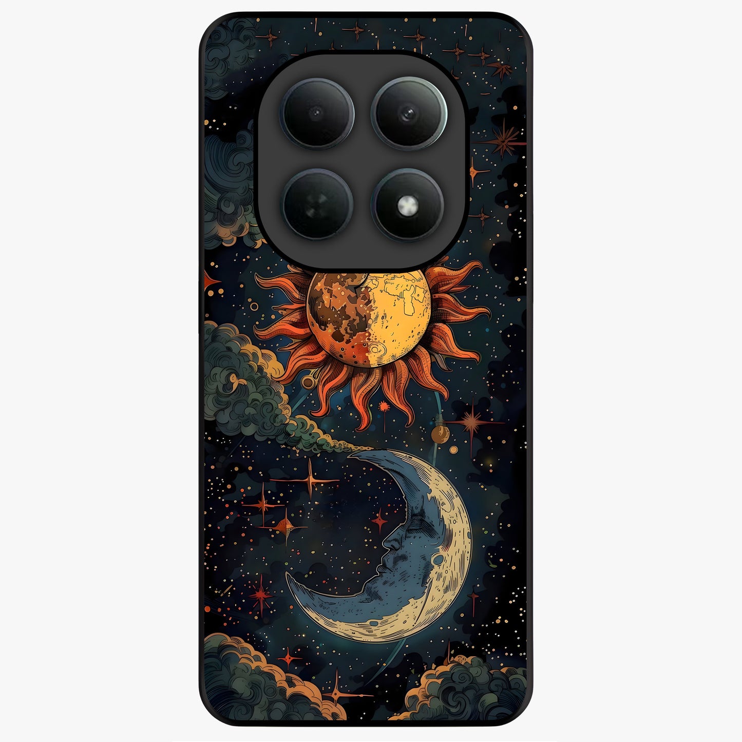 Sun And Moon Magic Design Glass Case showing flat back view with mystical sun and moon artwork and glossy glass finish.