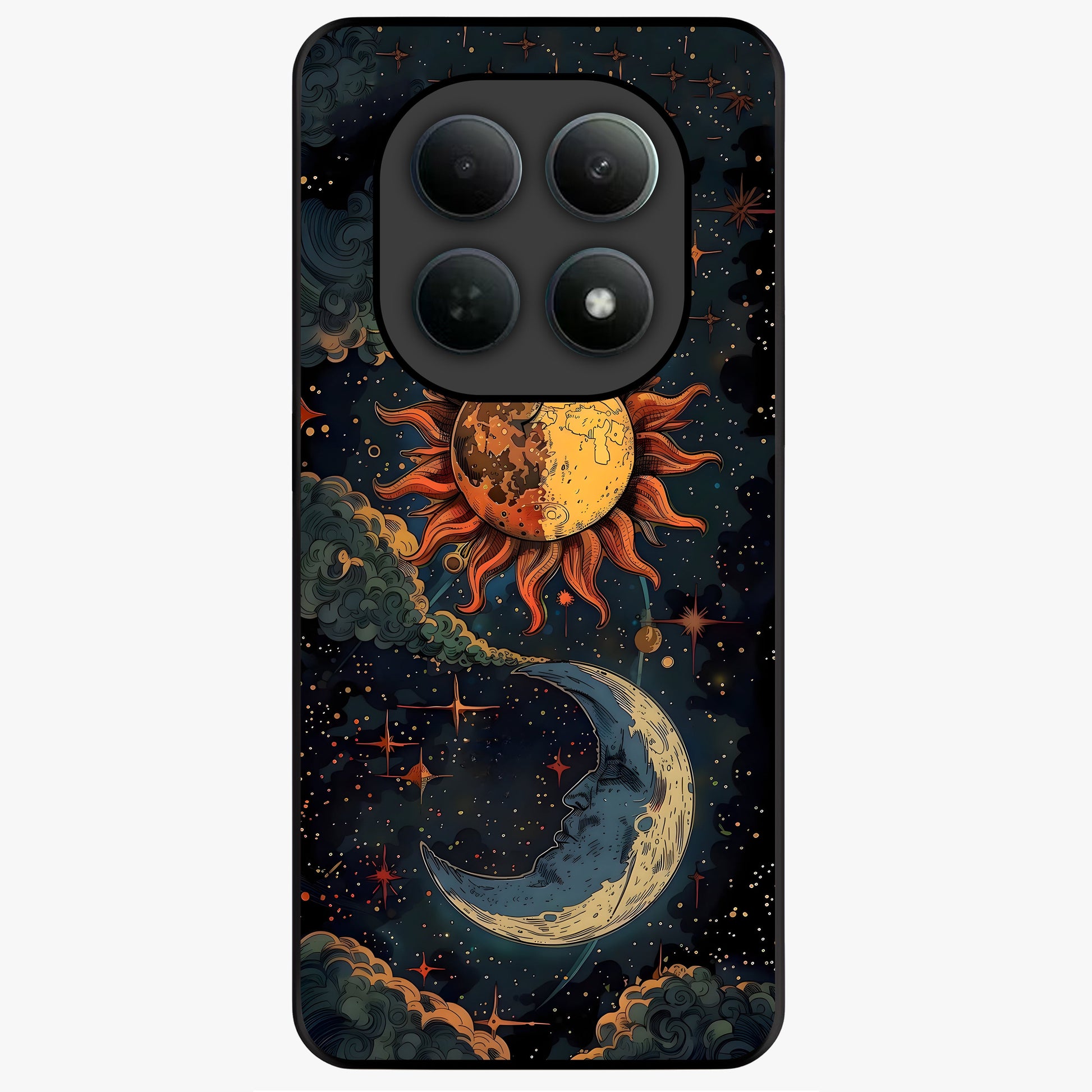 Sun And Moon Magic Design Glass Case showing flat back view with mystical sun and moon artwork and glossy glass finish.