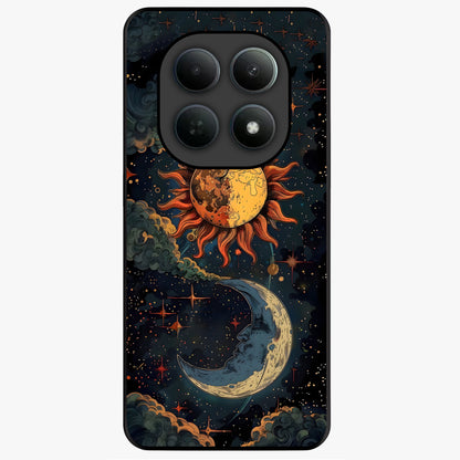 Sun And Moon Magic Design Glass Case showing flat back view with mystical sun and moon artwork and glossy glass finish.