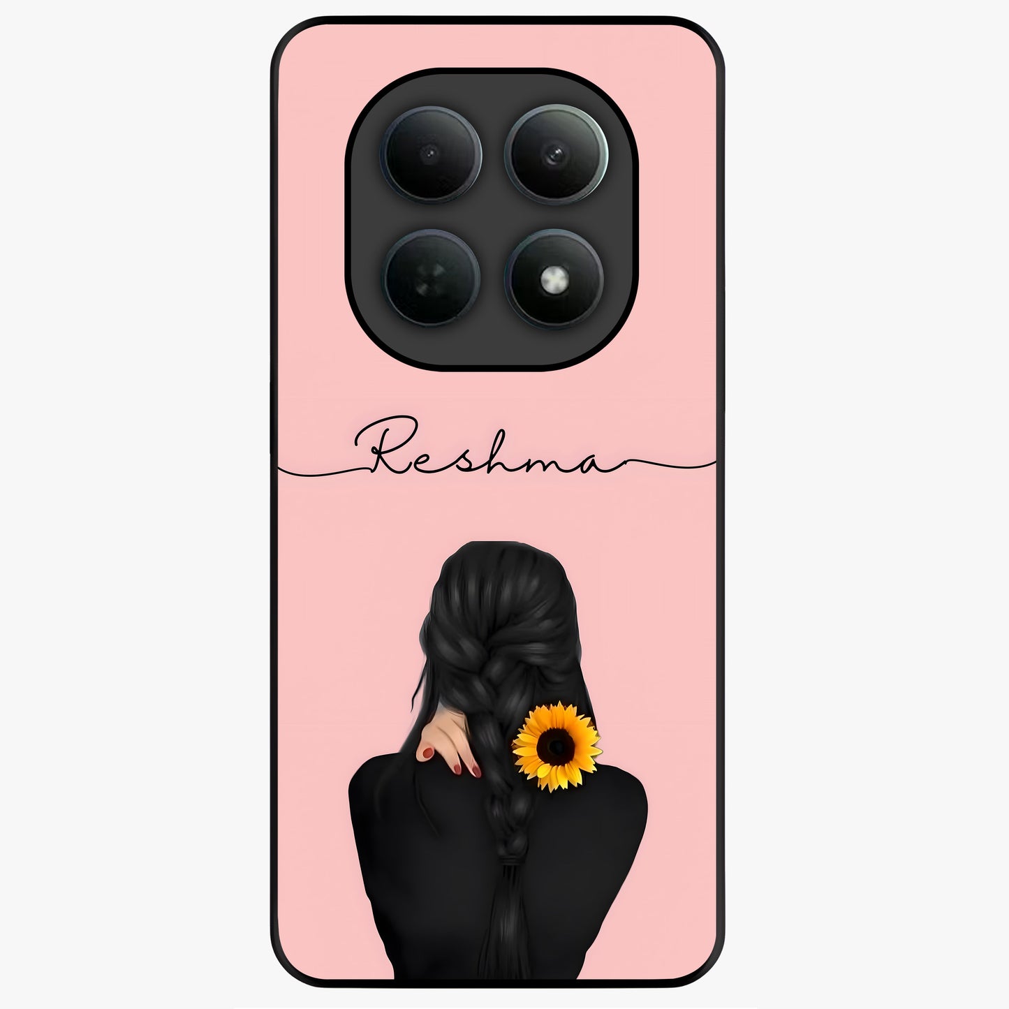 Sunflower Braid Beauty With Custom Name Glass Case showing flat back view with sunflower braid artwork and personalized name design.