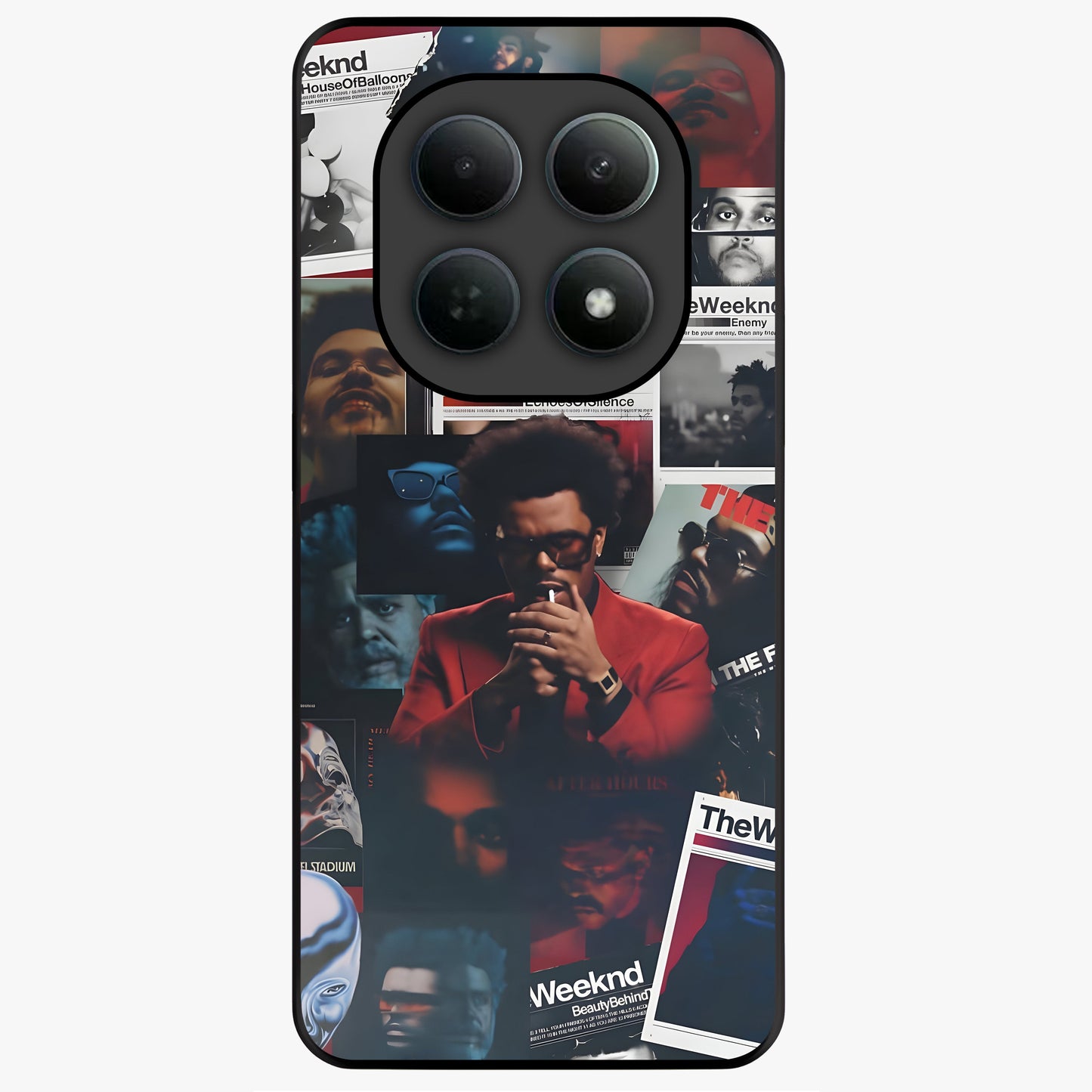 The Weeknd Glass Case showing flat back view with music inspired artistic portrait artwork and glossy glass finish.