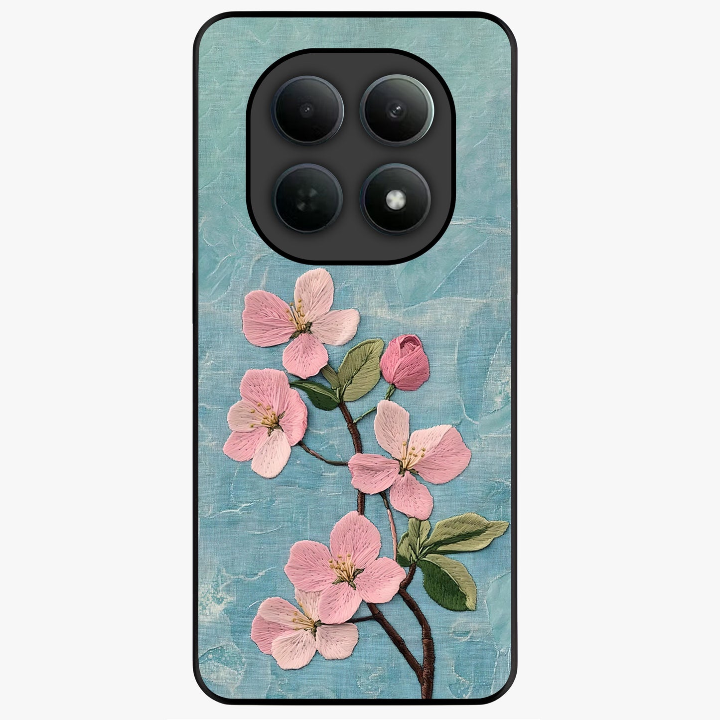 Threaded Blossom Breeze Glass Case showing flat back view with delicate blossom artwork and glossy glass finish.