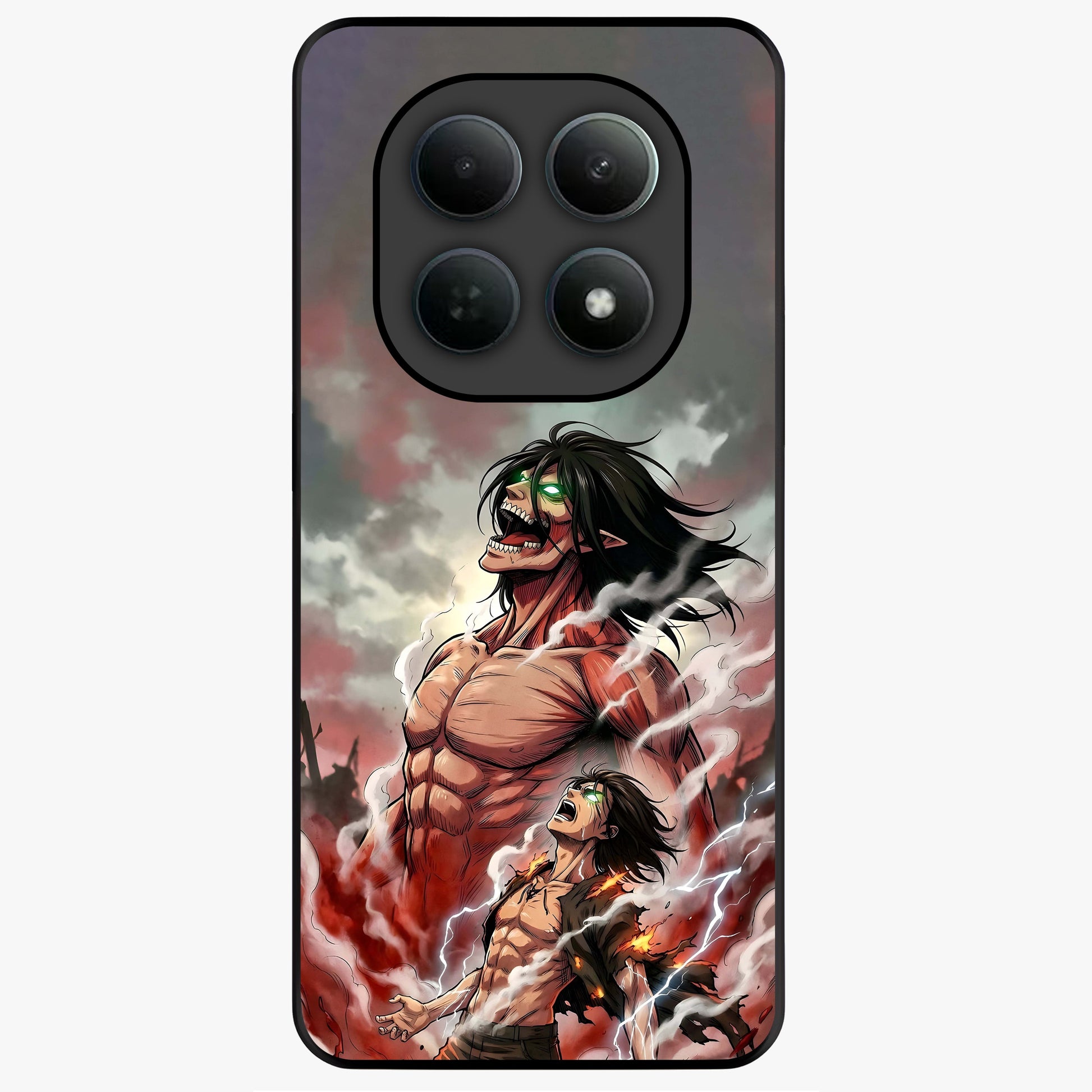 Titan Awakening Fury Glass Case showing flat back view with powerful titan inspired artwork and glossy glass finish.