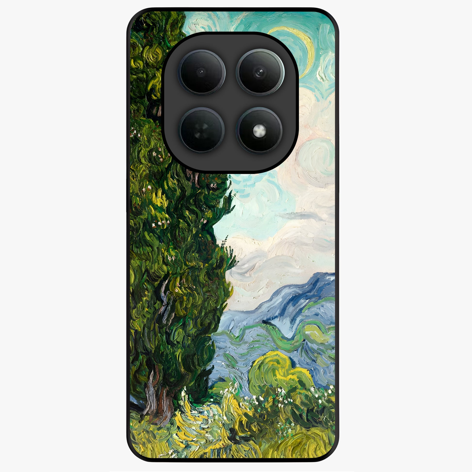 Van Gogh Vintage Art Glass Case showing flat back view with vintage painterly artwork inspired by Van Gogh style and glossy glass finish.
