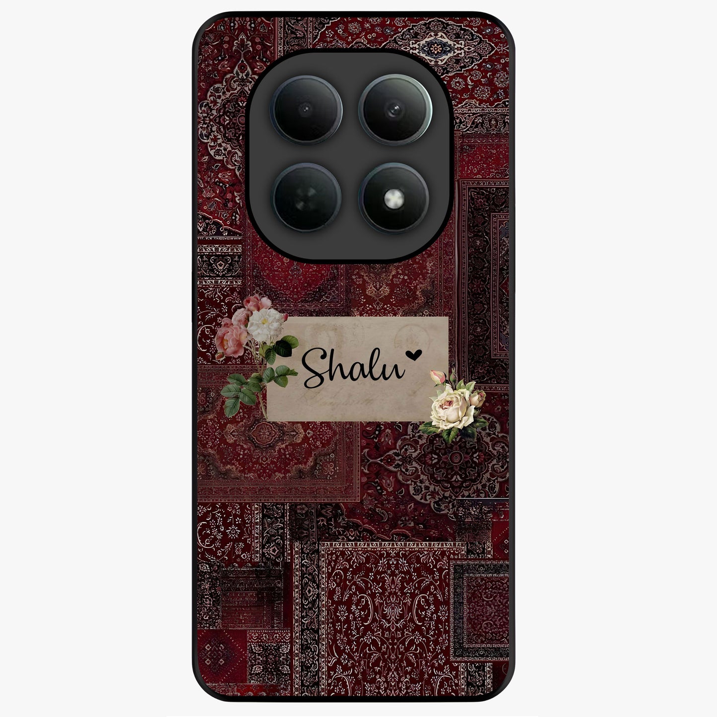 Velvet Wine Pattern Custom Name Glass Case showing flat back view with elegant wine colored pattern artwork and personalized name design.
