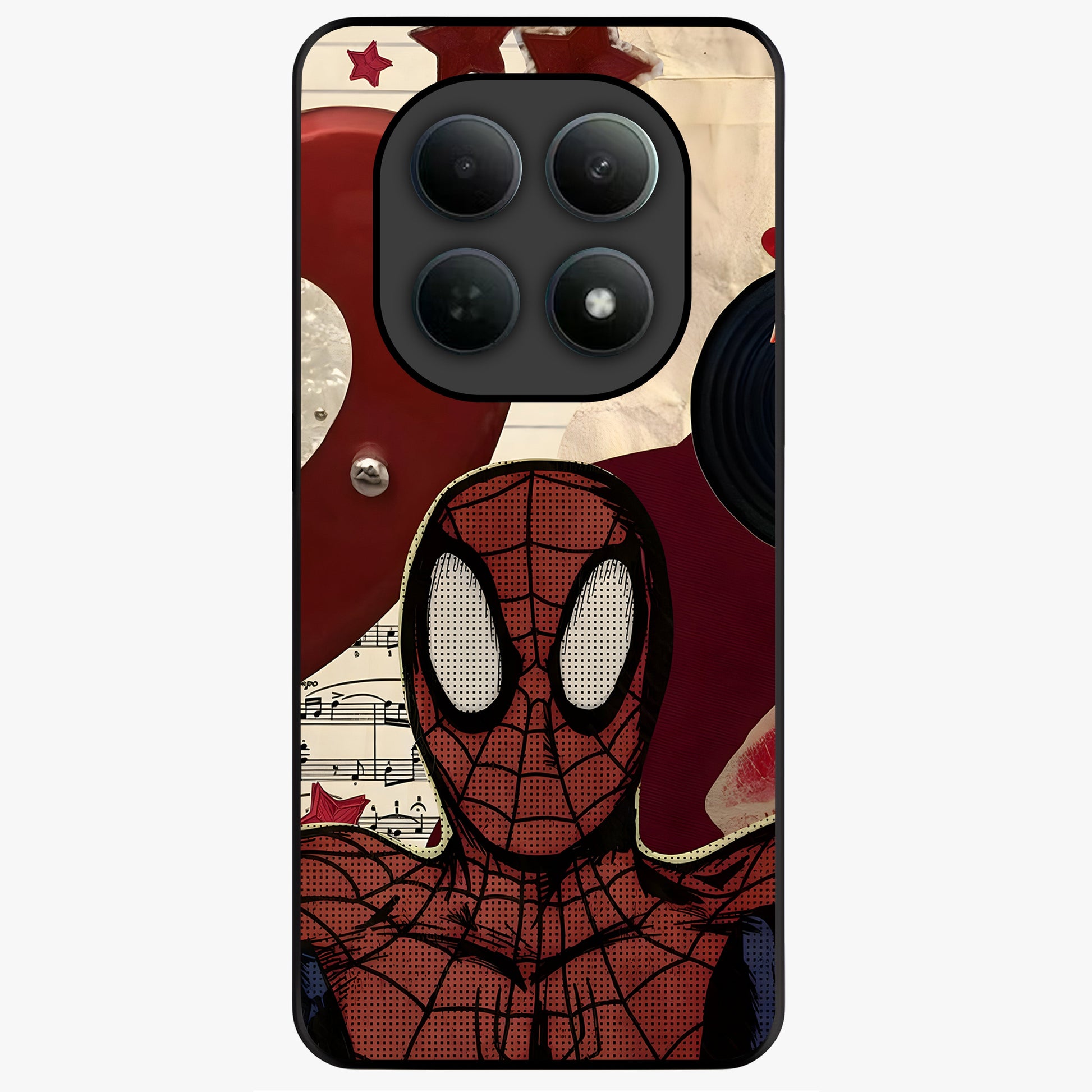 Web Warrior Vibes Glass Case showing flat back view with superhero inspired web themed artwork and glossy glass finish.