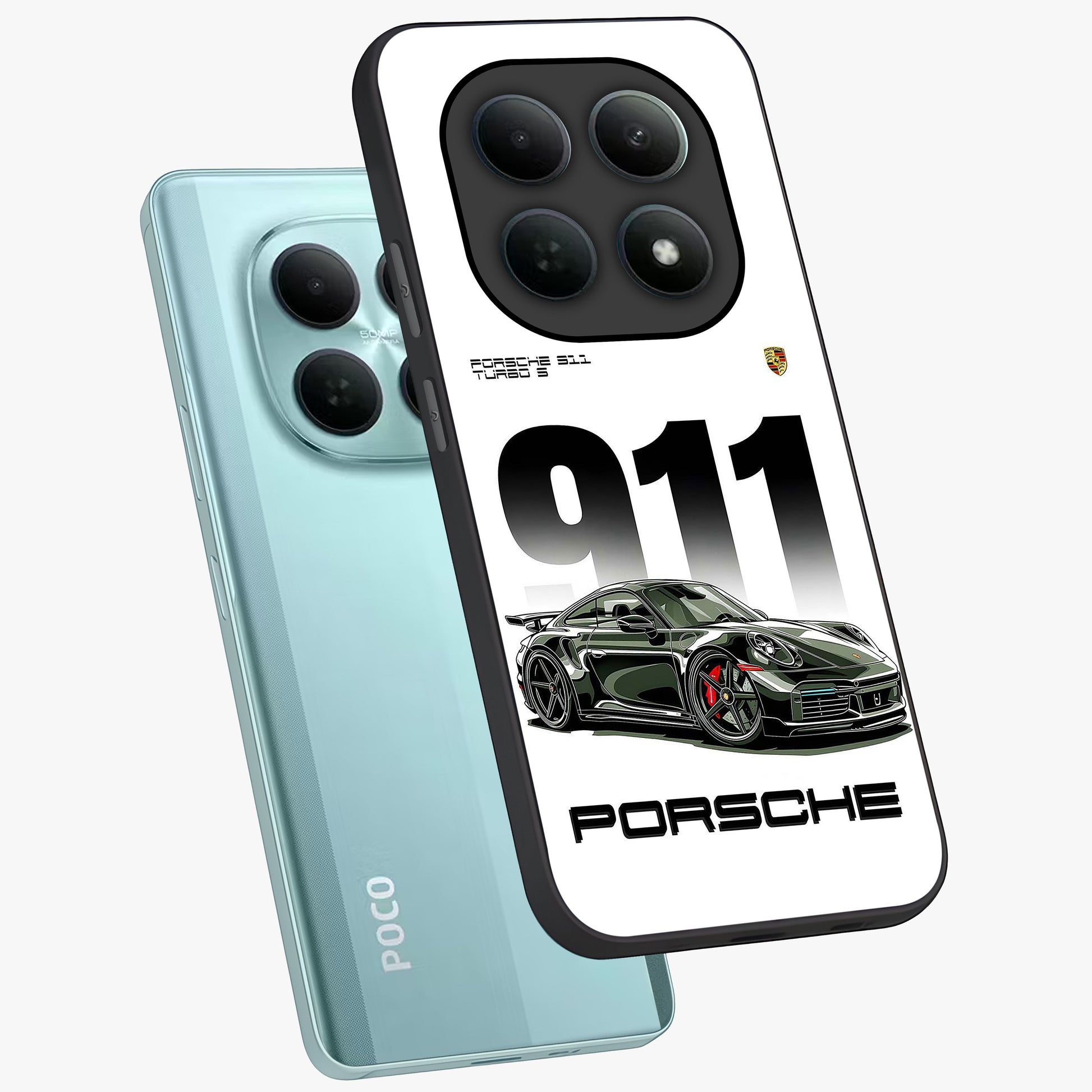 911 Turbo Dominance Glass Case displayed in premium angled mockup highlighting sporty car illustration and sleek glass surface.