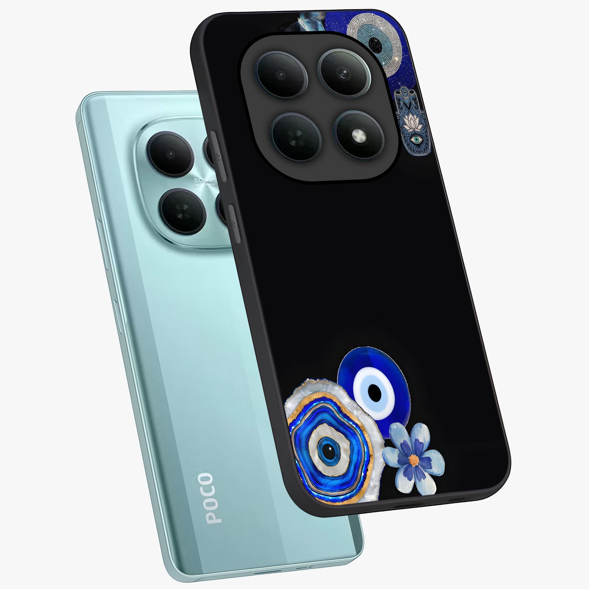 Aesthetic Blue Evil Eye Glass Case displayed in angled mockup highlighting blue evil eye symbol and spiritual aesthetic design.