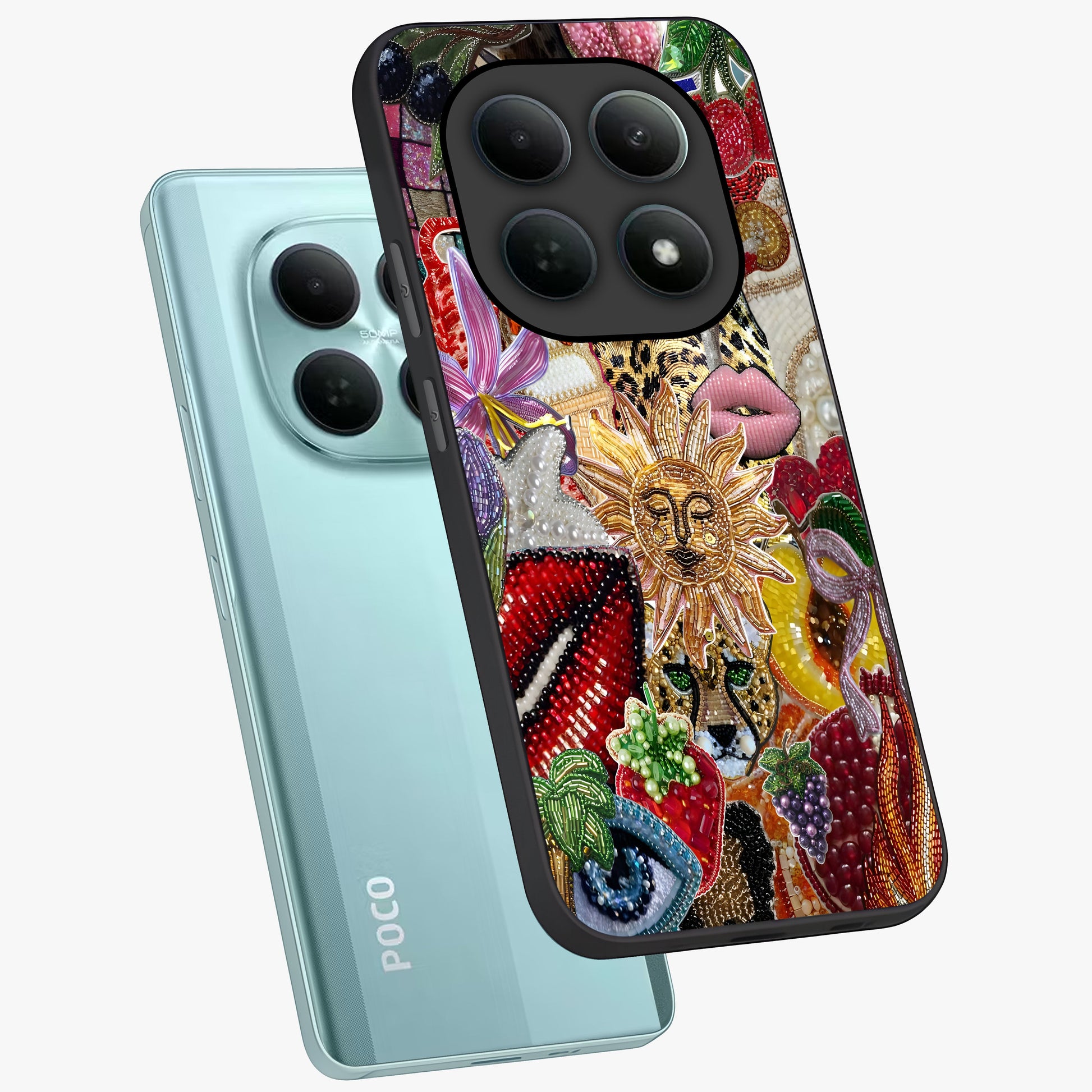 Beaded Fashion Jungle Glass Case displayed in angled mockup highlighting colorful fashion bead design and artistic pattern.