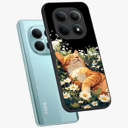 Blissful Bloom Cat Glass Case displayed in angled mockup highlighting playful feline illustration with soft floral aesthetic.