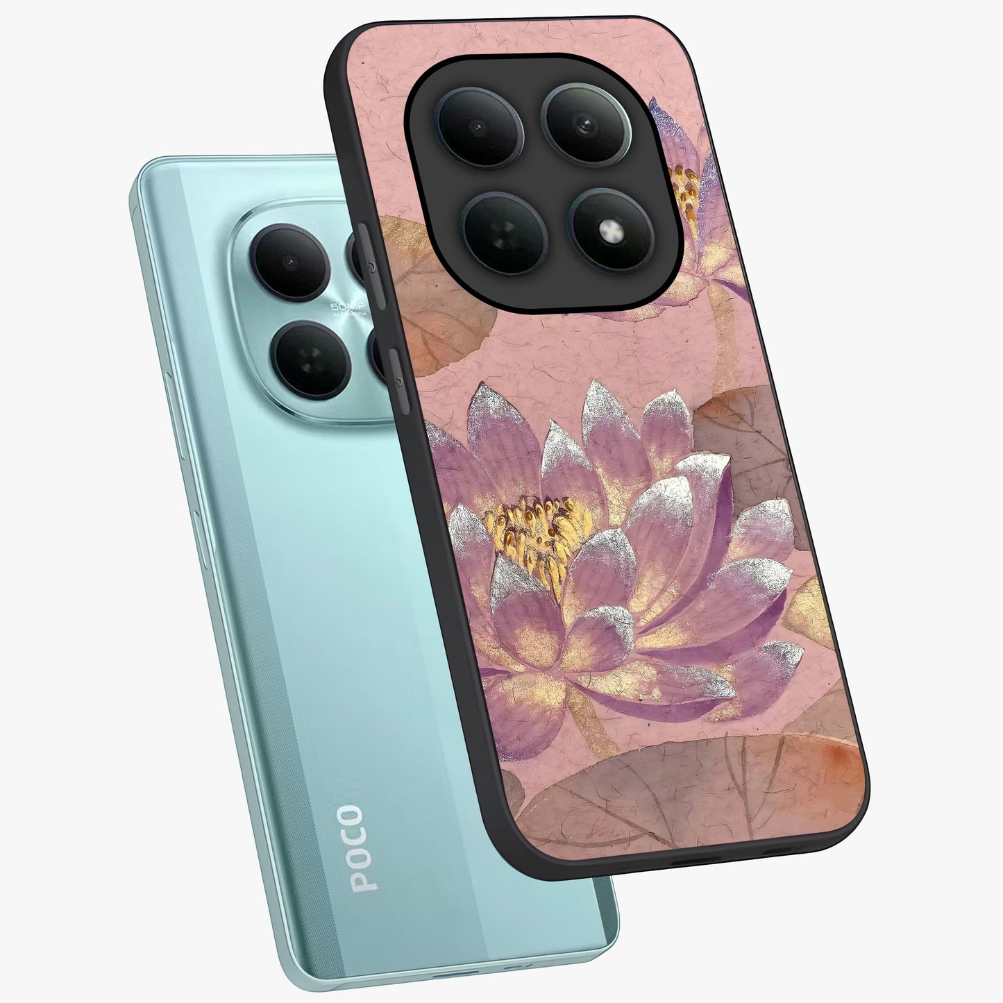 Blossom Mist Lotus Glass Case displayed in angled mockup highlighting delicate lotus illustration with calm aesthetic theme.