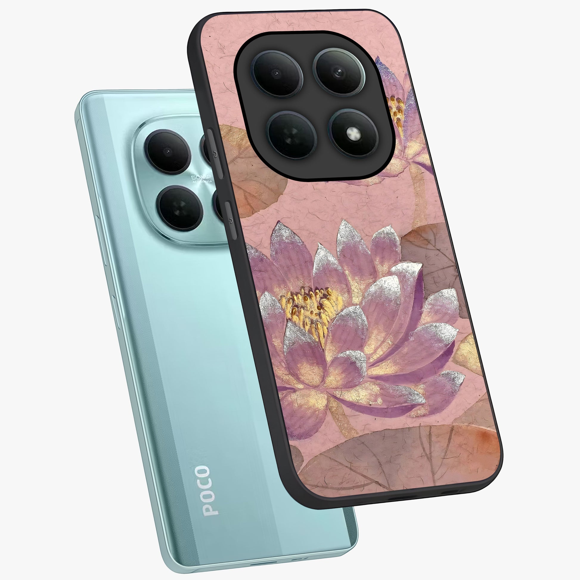Blossom Mist Lotus Glass Case displayed in angled mockup highlighting delicate lotus illustration with calm aesthetic theme.