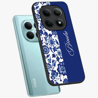 Blue Vintage Floral Pattern Glass Case displayed in angled mockup highlighting subtle bloom pattern with aesthetic pastel design.