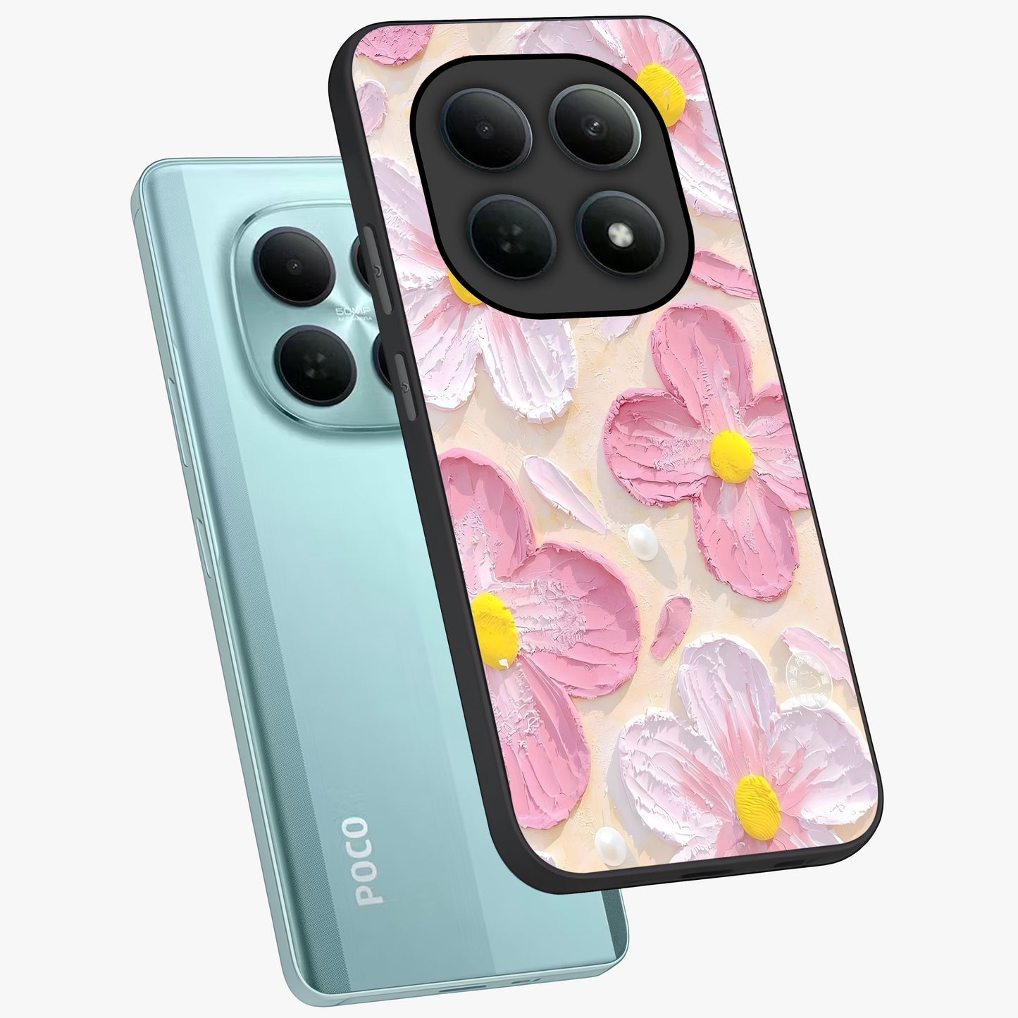 Blush Bloom Texture Glass Case displayed in angled mockup highlighting subtle bloom pattern with aesthetic pastel design.