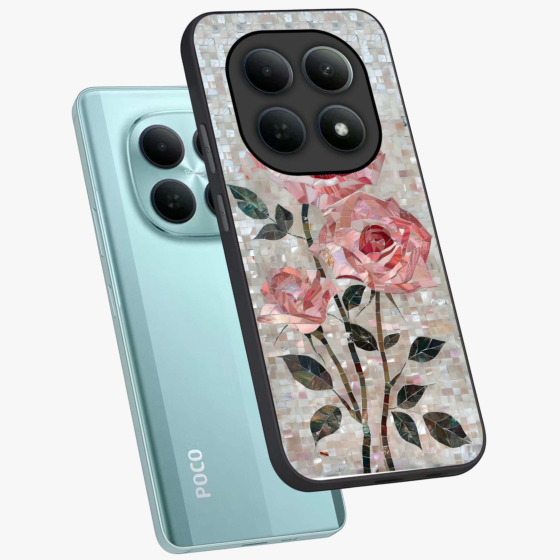 Blush Mosaic Bloom Glass Case displayed in angled mockup highlighting artistic mosaic flower pattern with aesthetic design.
