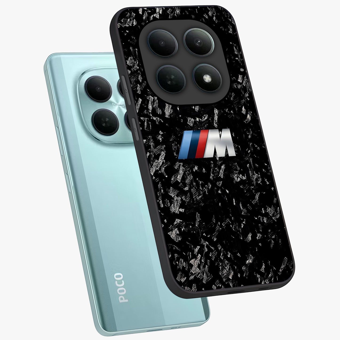 Carbon Speed Mark Glass Case displayed in angled mockup highlighting racing inspired carbon design and sleek aesthetic style.
