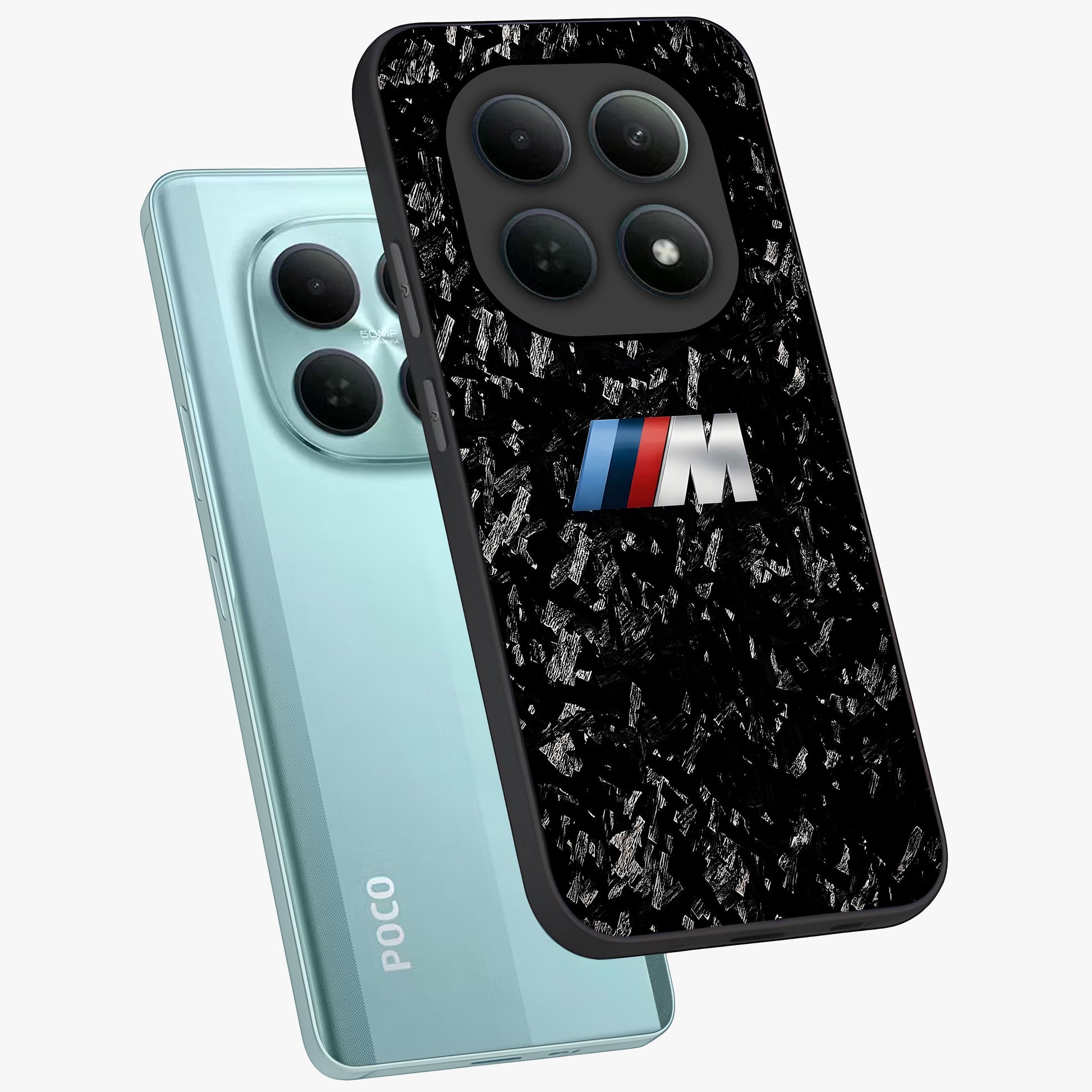 Carbon Speed Mark Glass Case displayed in angled mockup highlighting racing inspired carbon design and sleek aesthetic style.