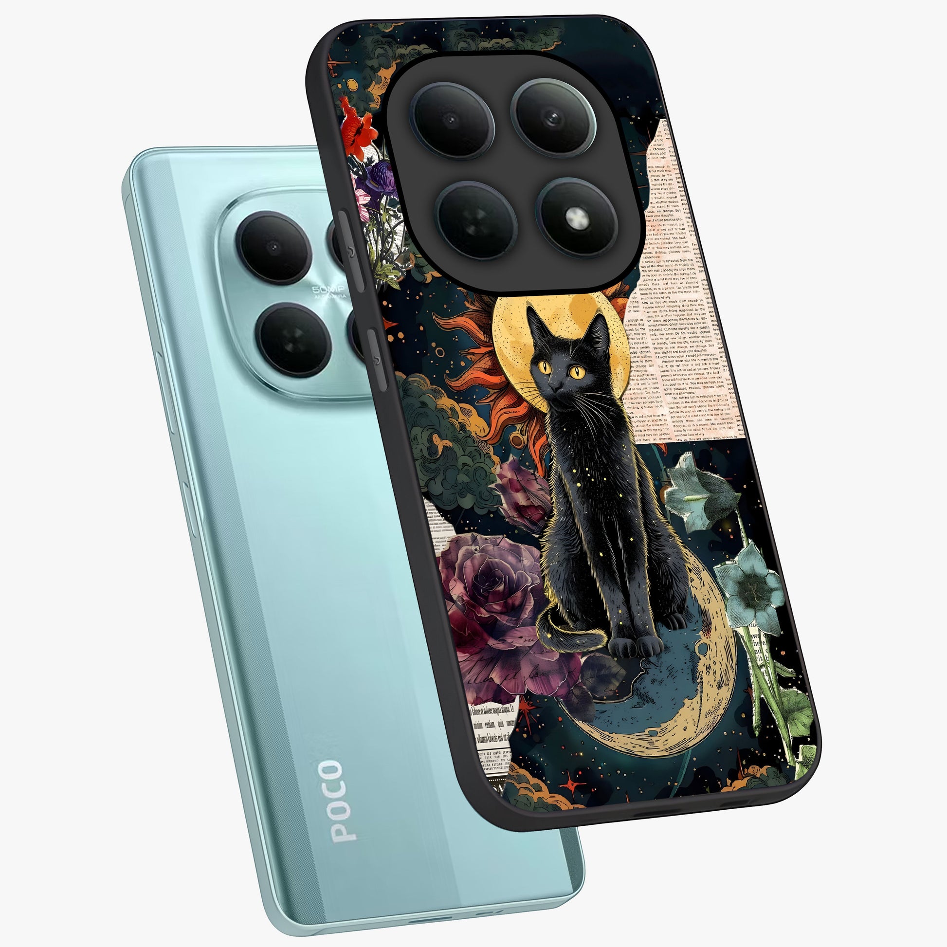 Celestial Black Cat Glass Case displayed in angled mockup highlighting cosmic black cat design with celestial aesthetic.