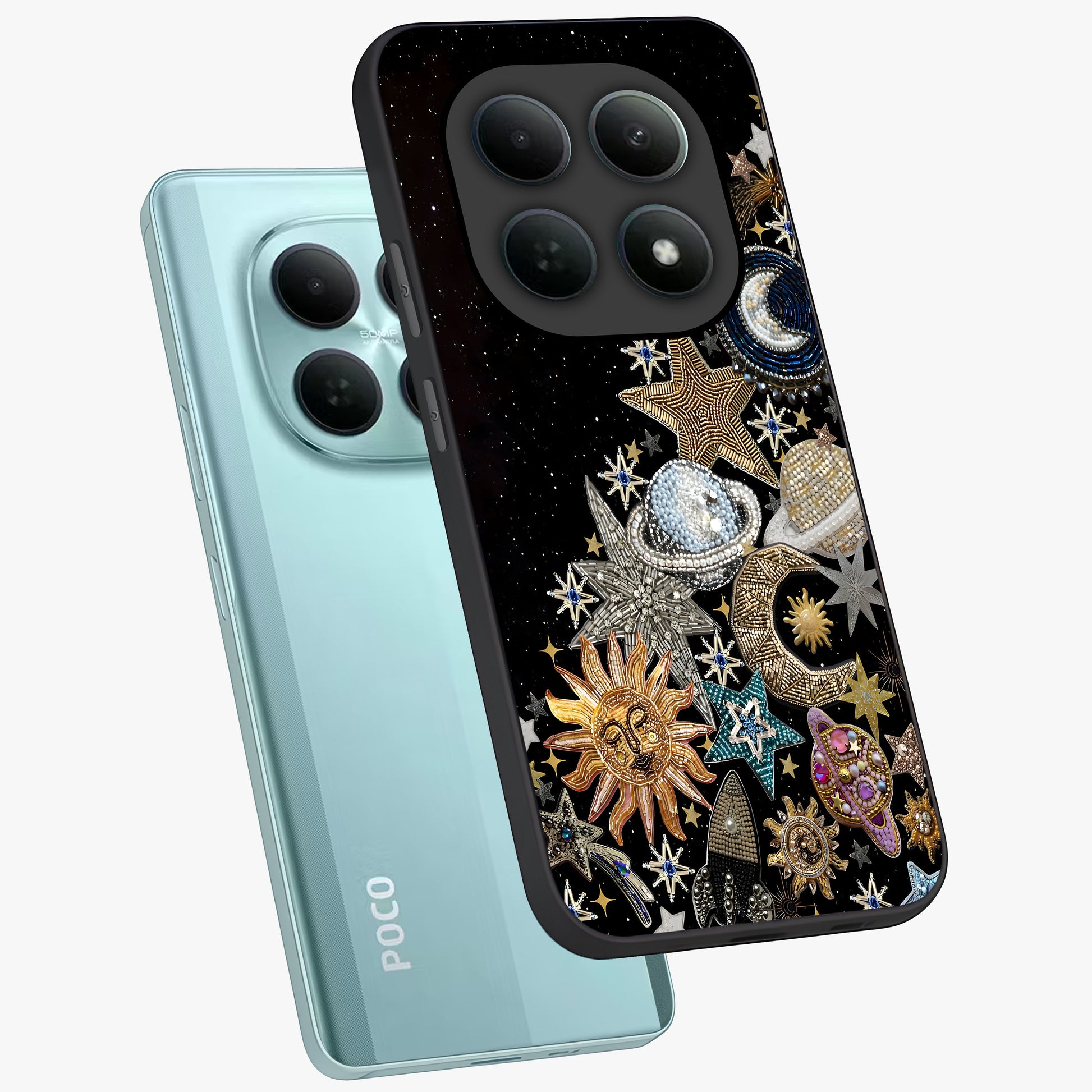 Cosmic Sparkle Dreams Glass Case displayed in angled mockup highlighting dreamy star sparkle design with celestial aesthetic.